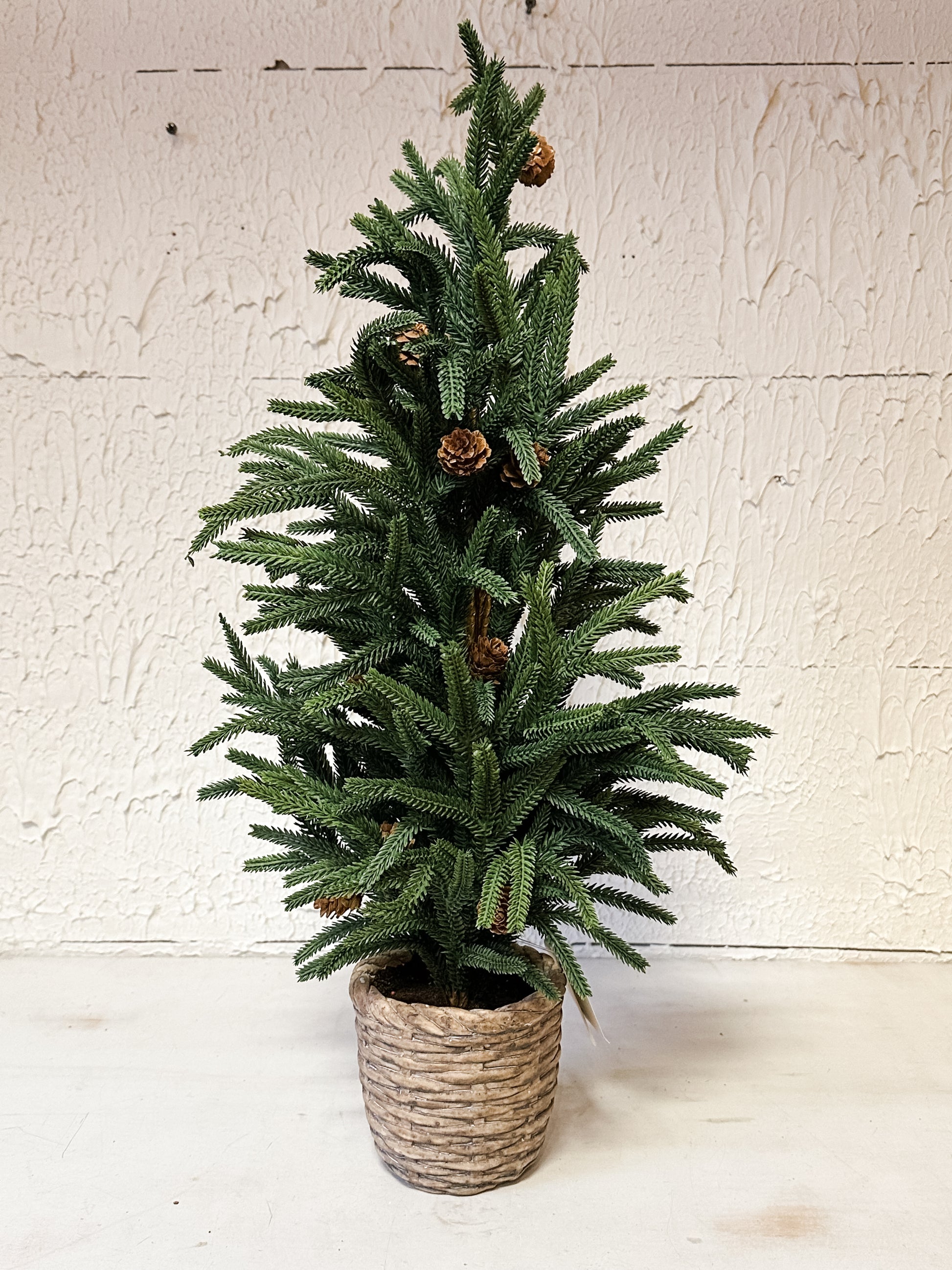 24 inch faux pine tree in cement pot at The Rustic Barn in Killingworth CT