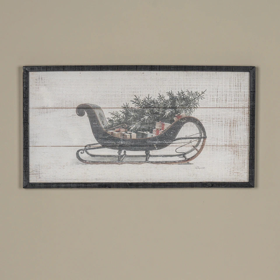 black framed loaded sleigh print at the rustic barn in killingworth ct