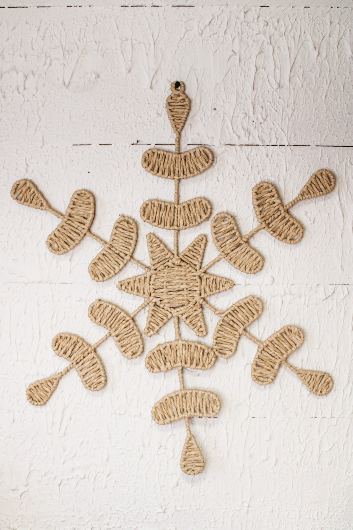 bohemian oversized natural woven hanging or wall decor snowflake for christmas for sale at the rustic barn in Killingworth CT