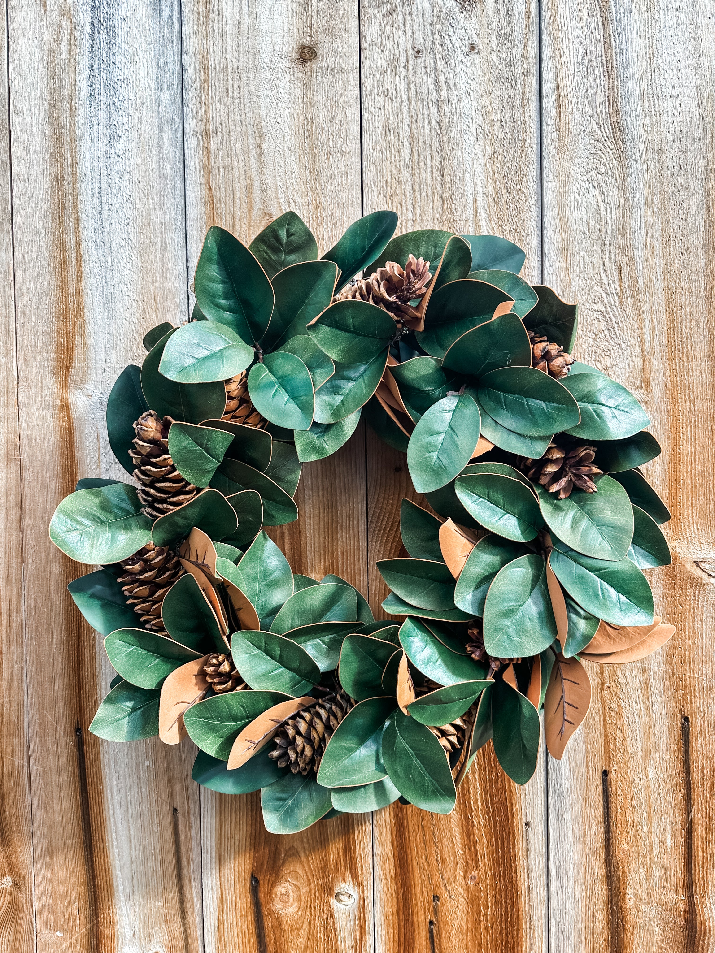 26 inch magnolia leaf and pine cone wreath at The Rustic Barn in Killingworth CT