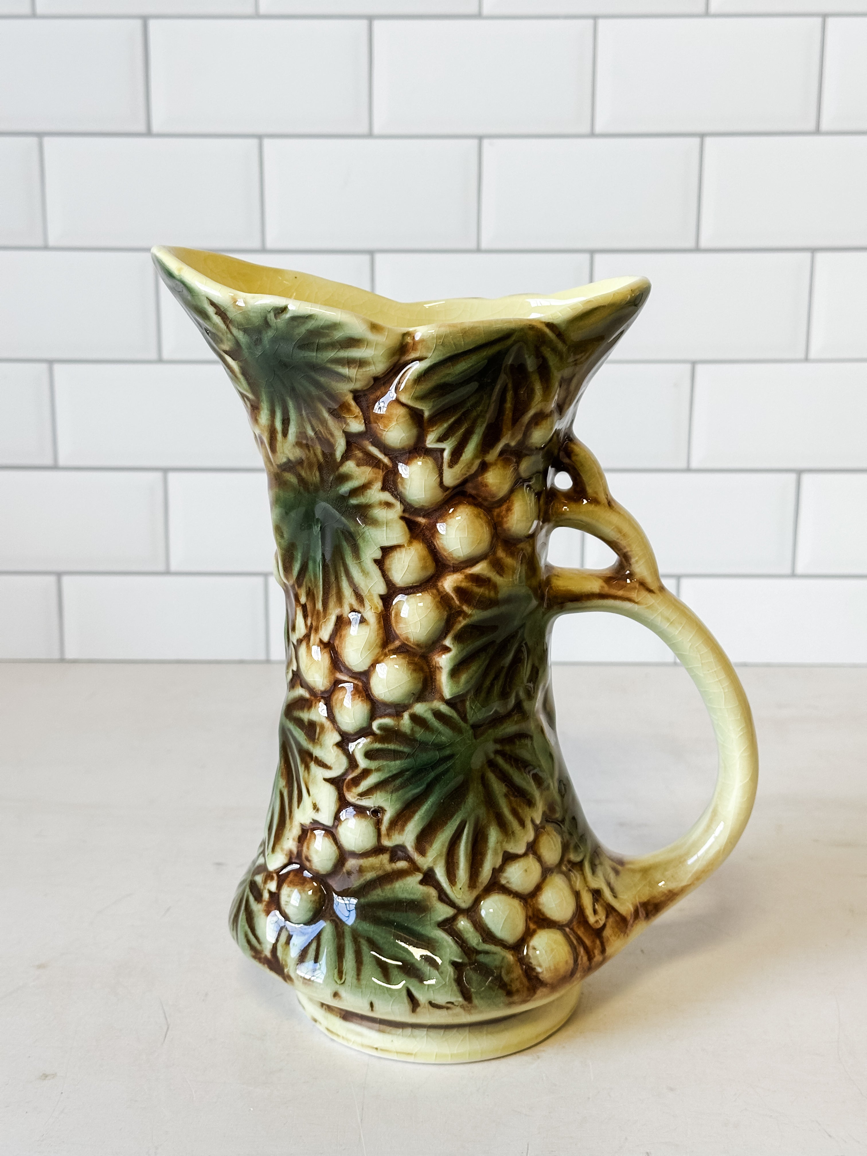 28 oz reactive glaze stoneware vintage grape pitcher at the Rustic Barn in Killingworth, CT
