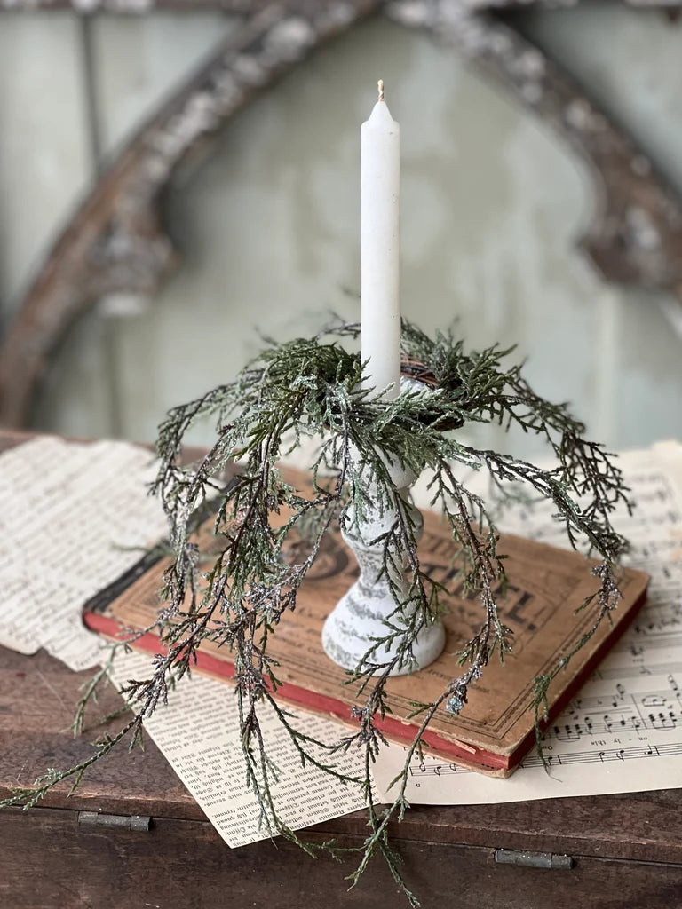 2 inch weeping cedar candle ring with greens and pinecone and dusted snow for Christmas candles for sale at the rustic barn in killingworth, CT