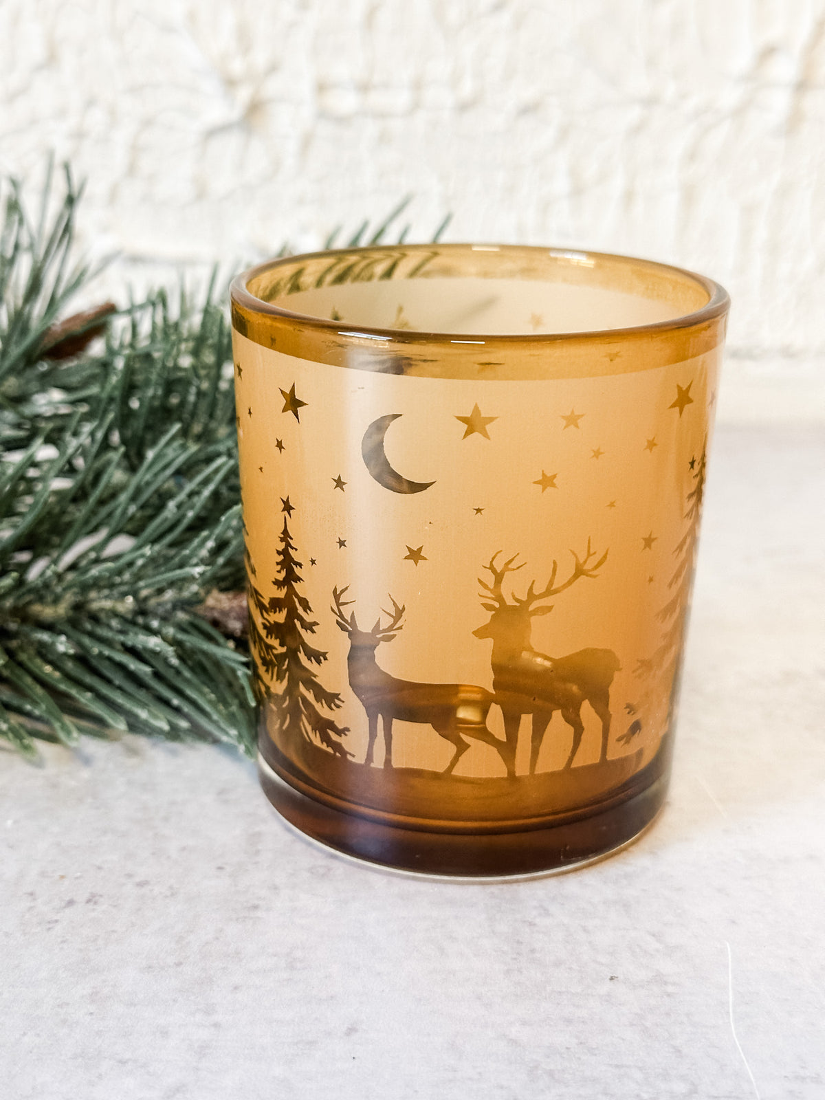 3 inch etched deer scene votive holder at the rustic barn in killingworth ct