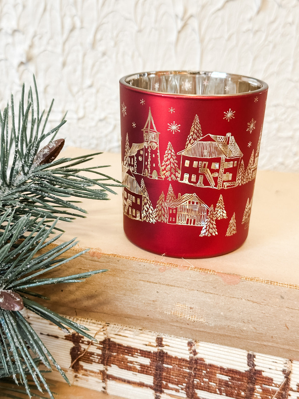 3 inch red etched christmas village scene votive holder at the rustic barn in killingworth ct