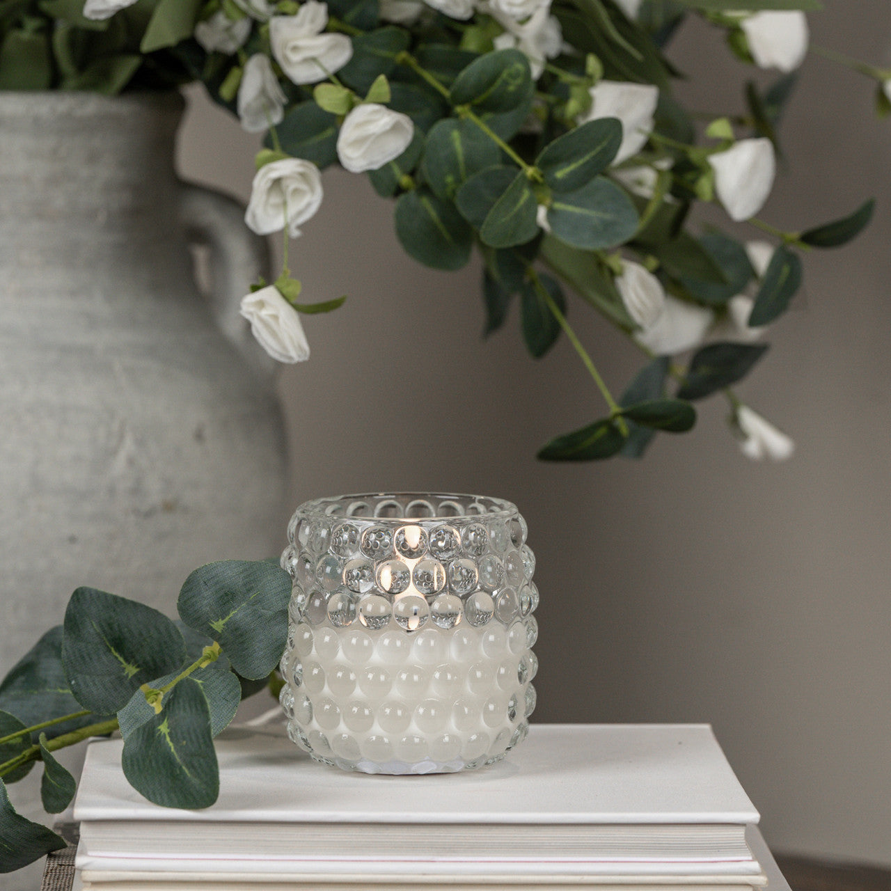 clear glass hobnail faux flame candle at the rustic barn in Killingworth ct