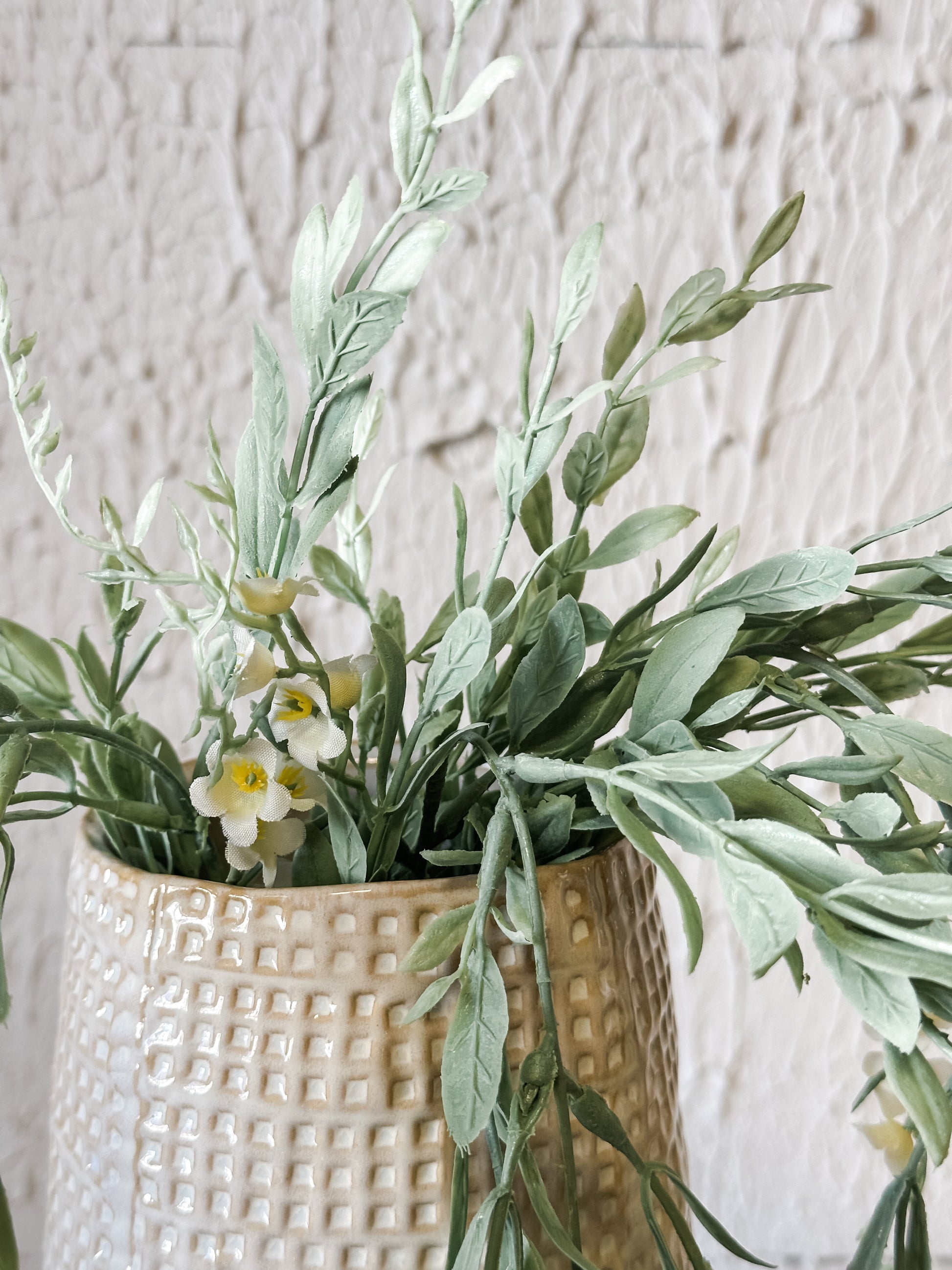 33" Cream Mini Flower & Boxwood Hanging Faux Bush at the Rustic Barn in Killingworth, CT