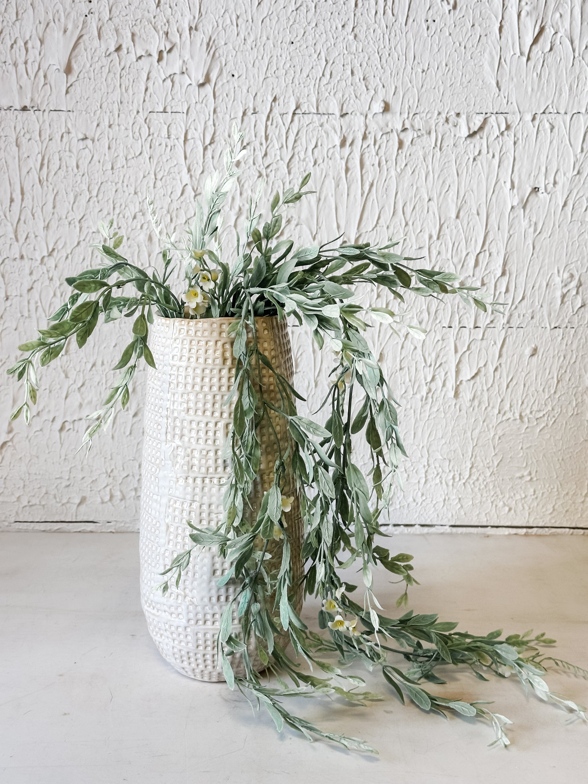 33" Cream Mini Flower & Boxwood Hanging Faux Bush at the Rustic Barn in Killingworth, CT