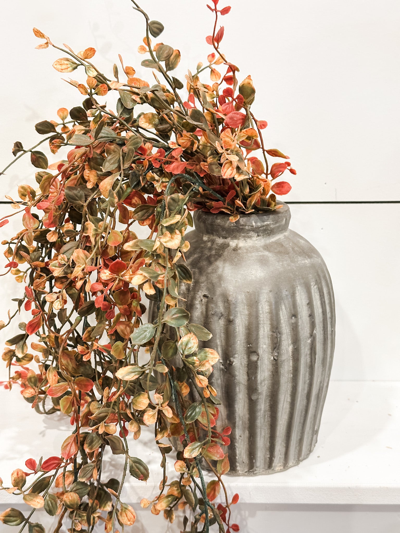 fall 34" long red and green bog pimpernel hanging bush at the rustic barn in killingworth ct