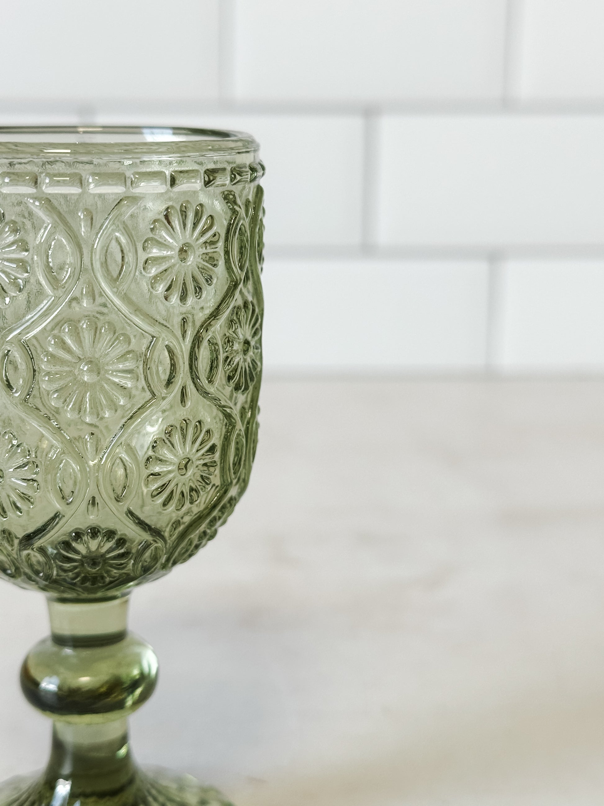 4" embossed olive daisy cordial glass at the Rustic Barn in Killingworth, CT
