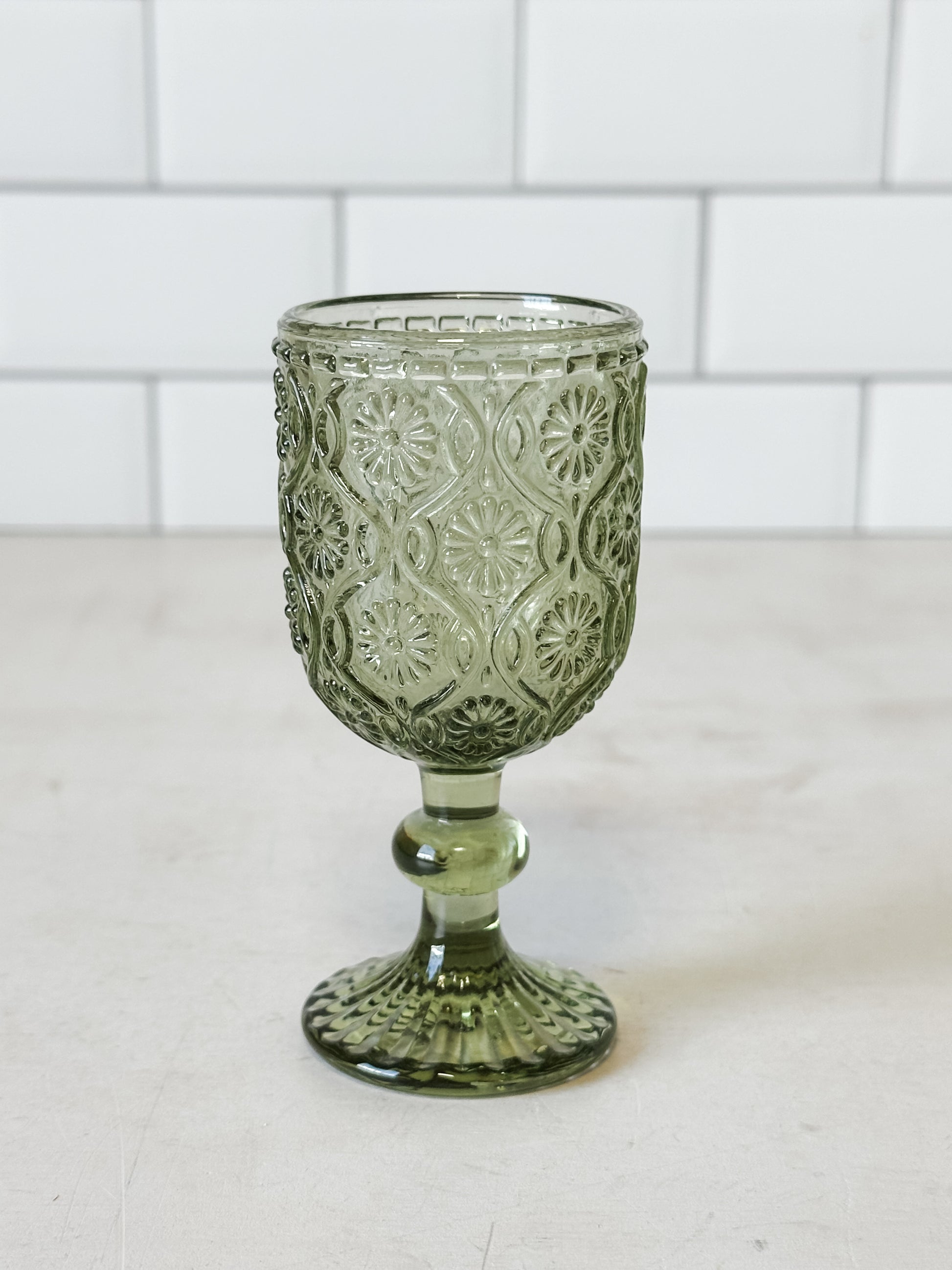 4" embossed olive daisy cordial glass at the Rustic Barn in Killingworth, CT