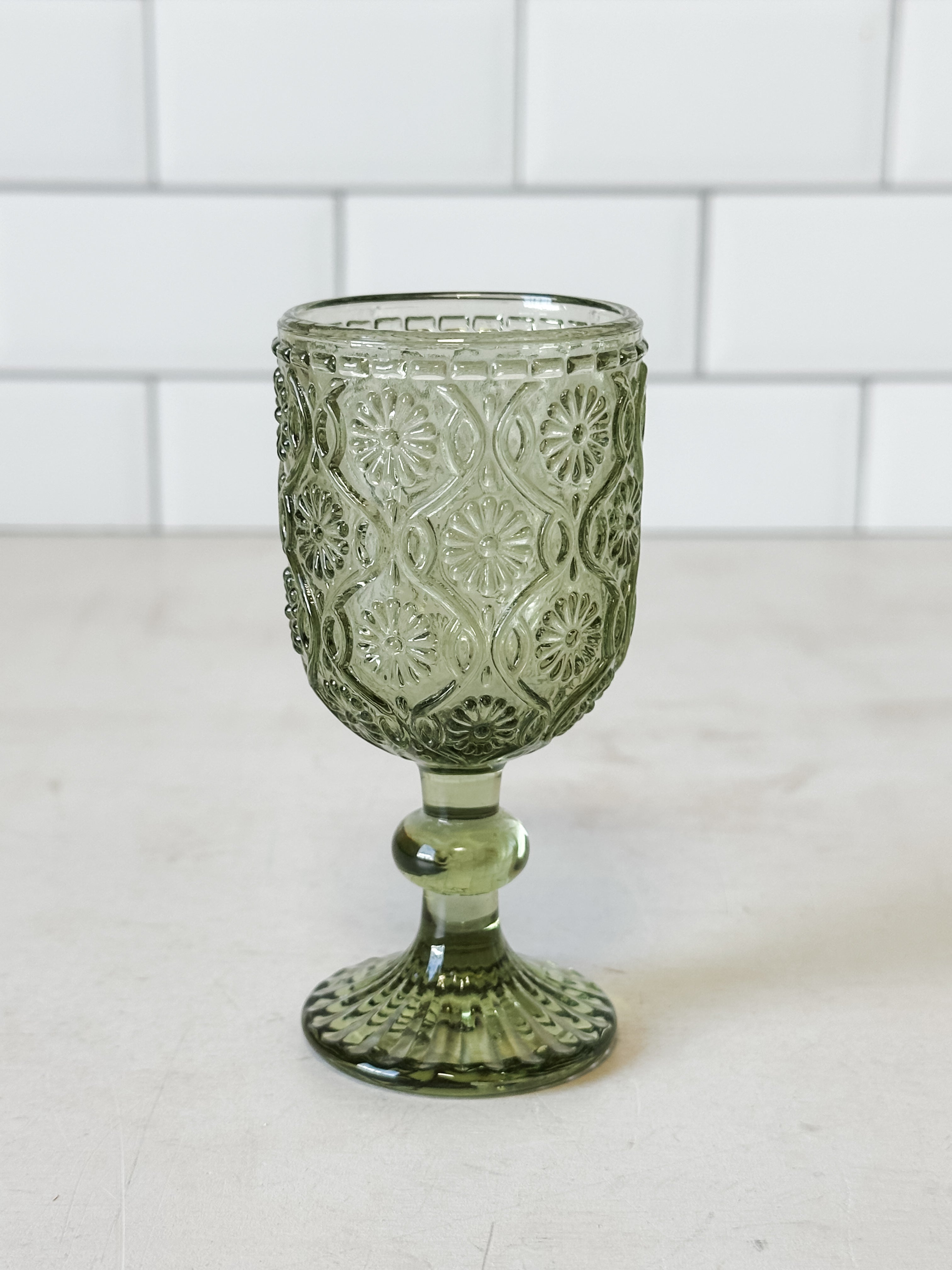 4" embossed olive daisy cordial glass at the Rustic Barn in Killingworth, CT