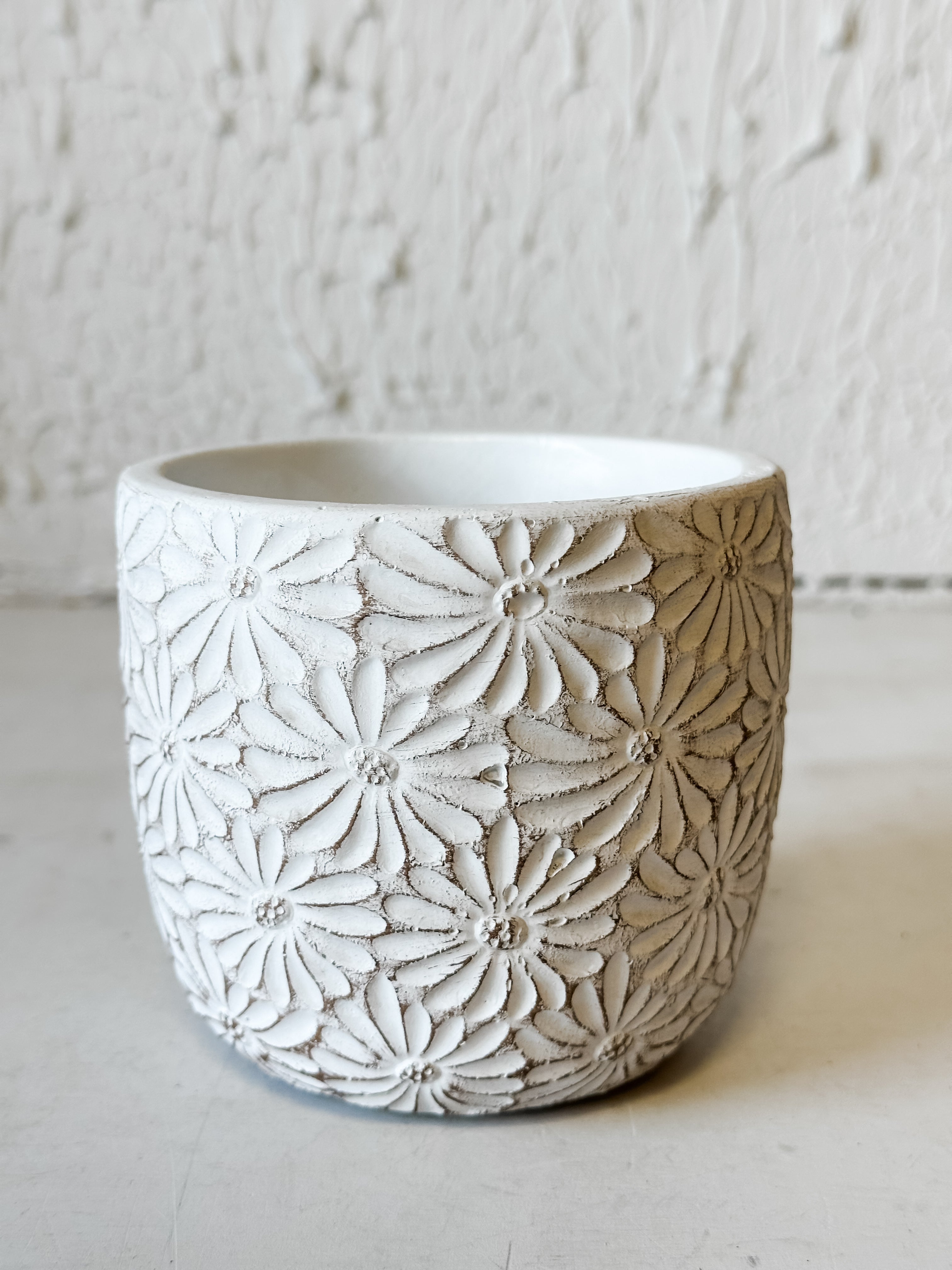 4" White Daisy Cement Planter at the Rustic Barn in Killingworth, CT