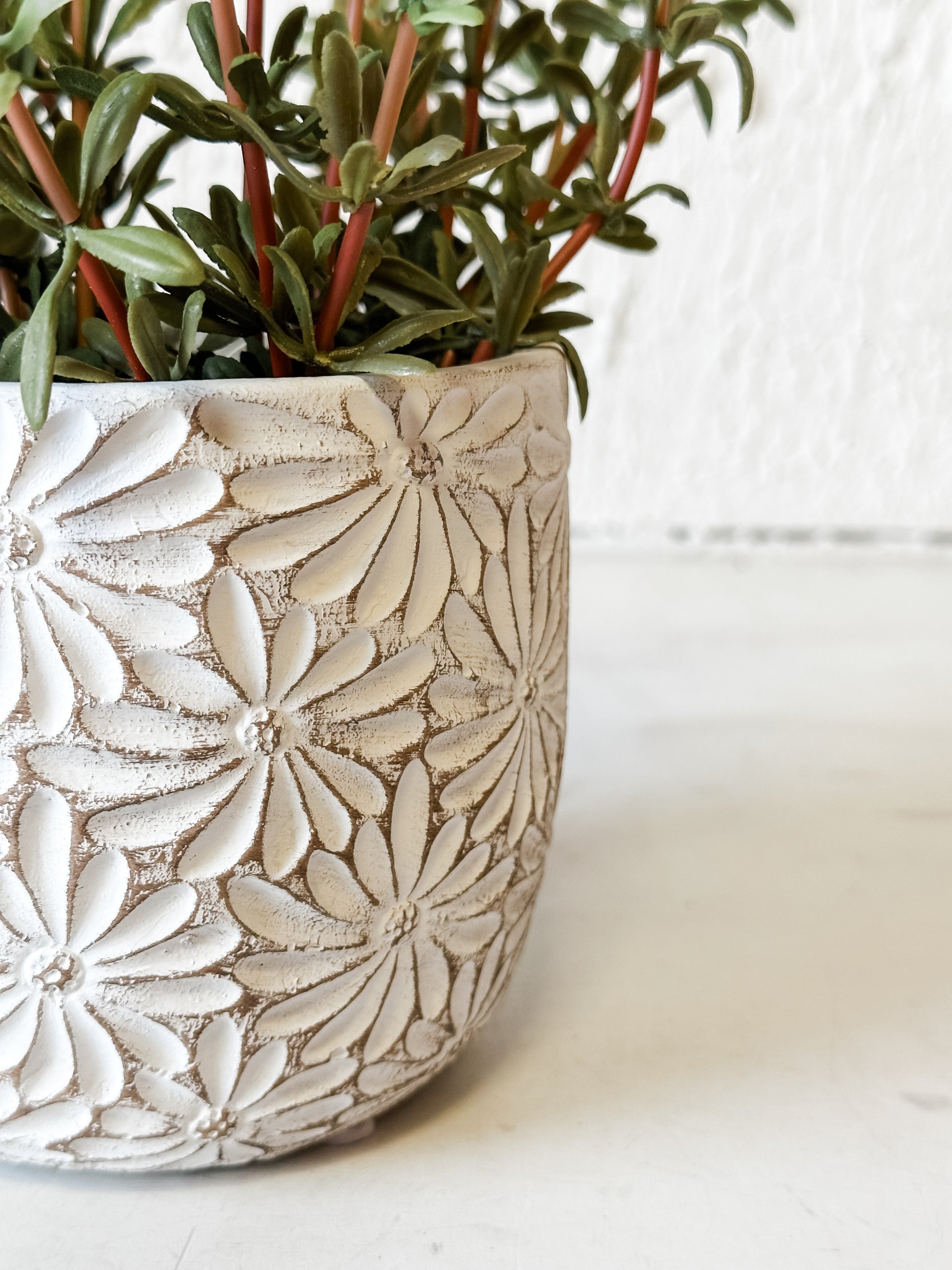 4.5" White Daisy Cement Planter at the Rustic Barn in Killingworth, CT