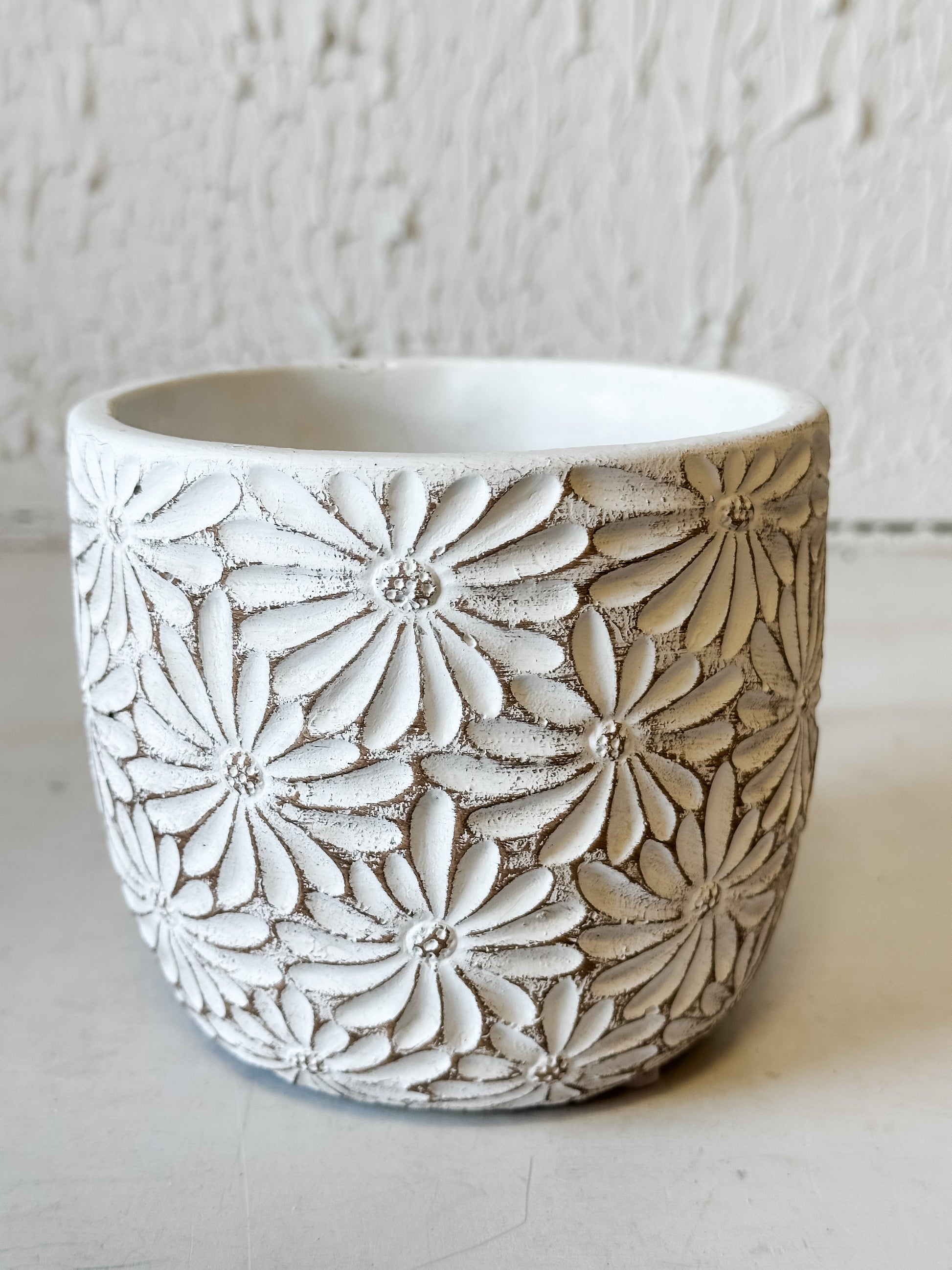4.5" White Daisy Cement Planter at the Rustic Barn in Killingworth, CT