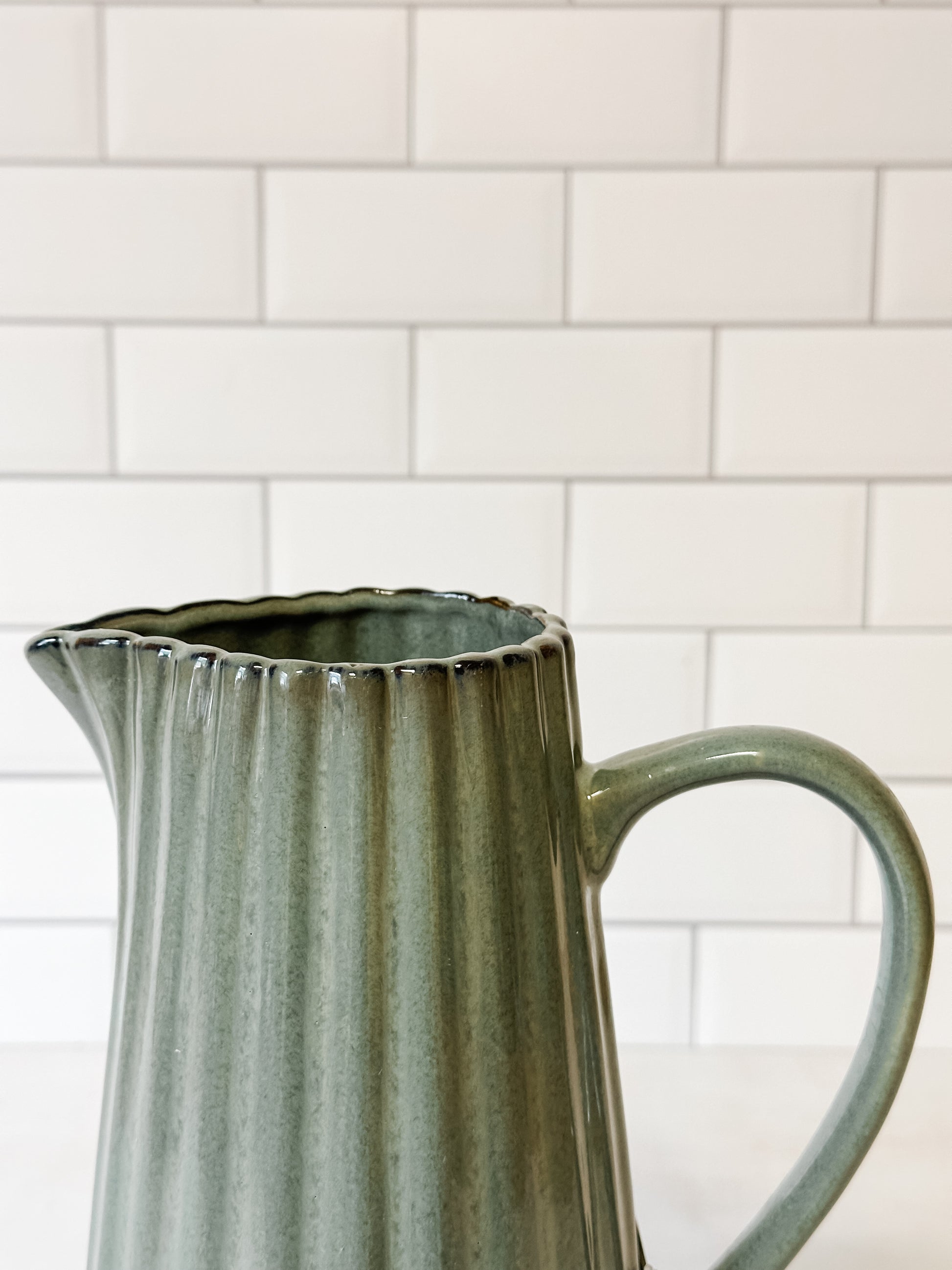 40 ounce stoneware ribbed pitcher sage green at the Rustic Barn in Killingworth CT