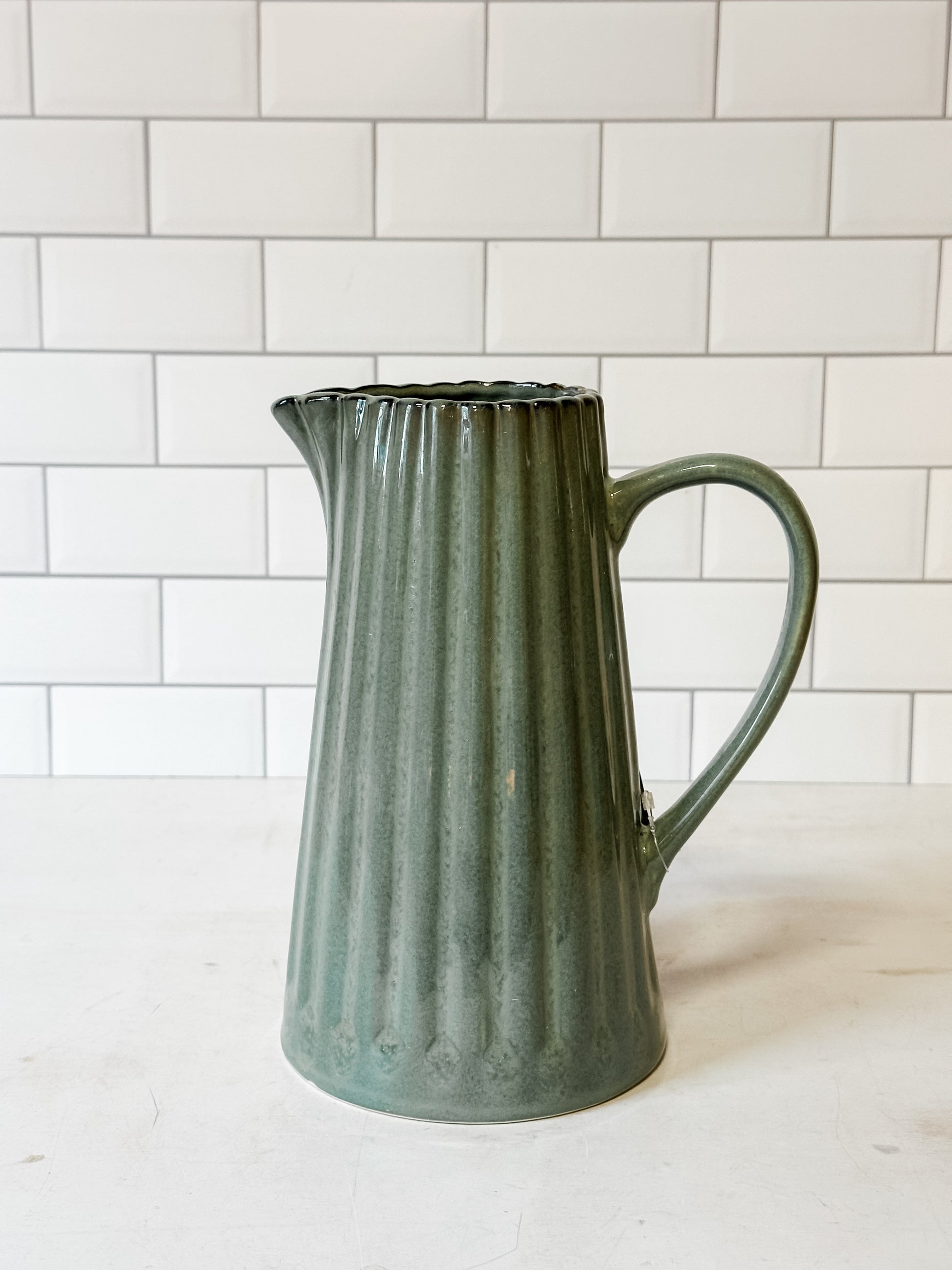 40 ounce stoneware ribbed pitcher sage green at the Rustic Barn in Killingworth CT