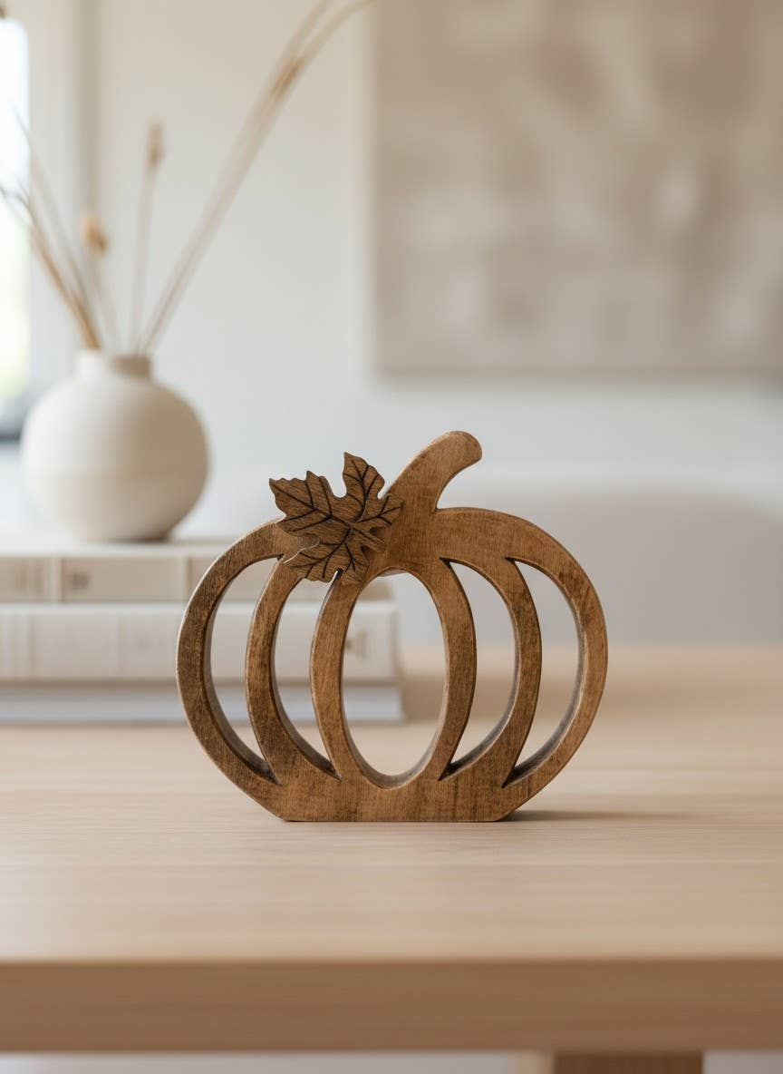 A small carved wooden pumpkin decoration with a leaf and stem, displayed on a light wood table in a softly blurred indoor setting.