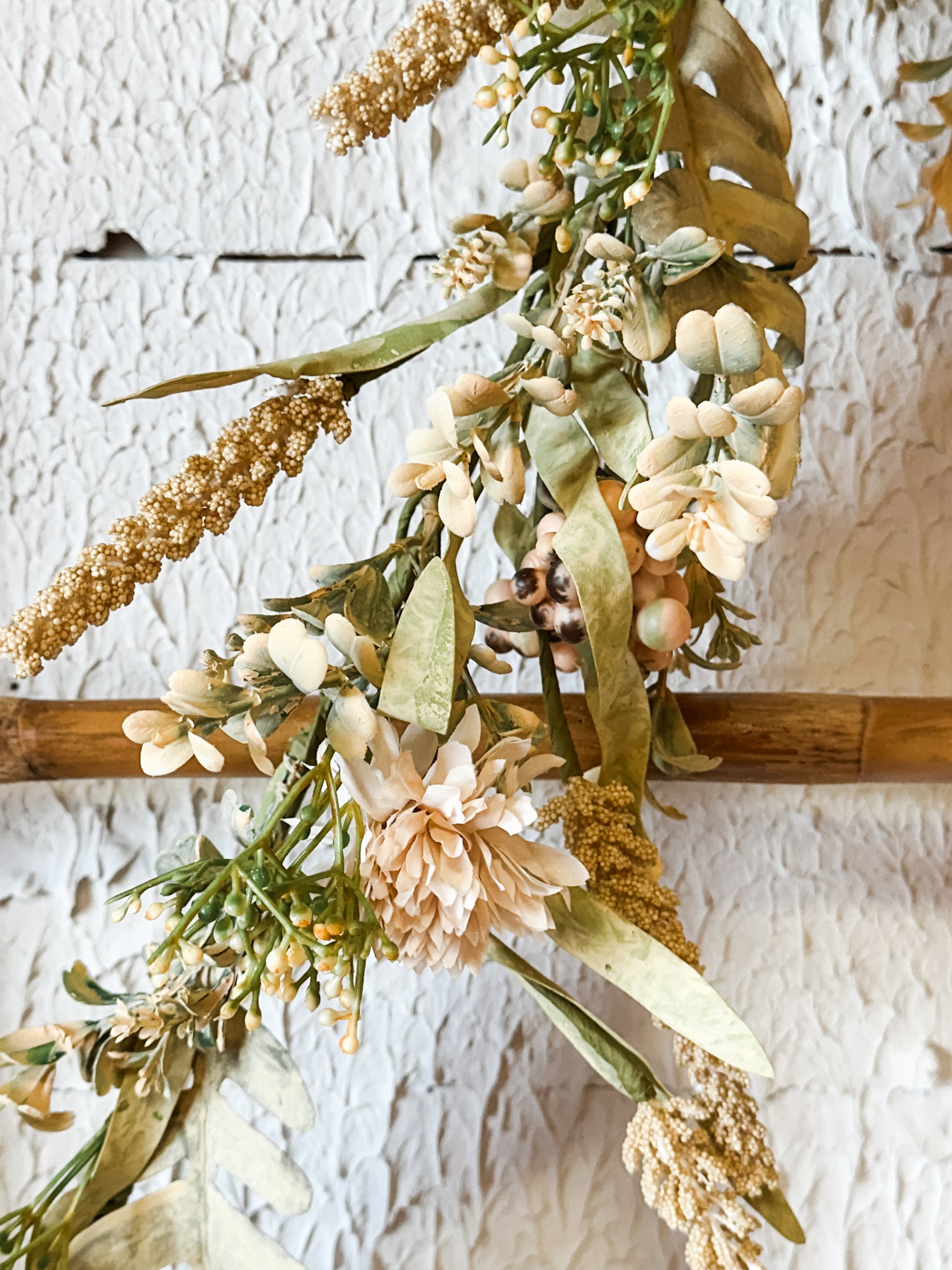5' Whimsical Cream Pom Pom & Faux Foliage Garland at the Rustic Barn in Killingworth, CT