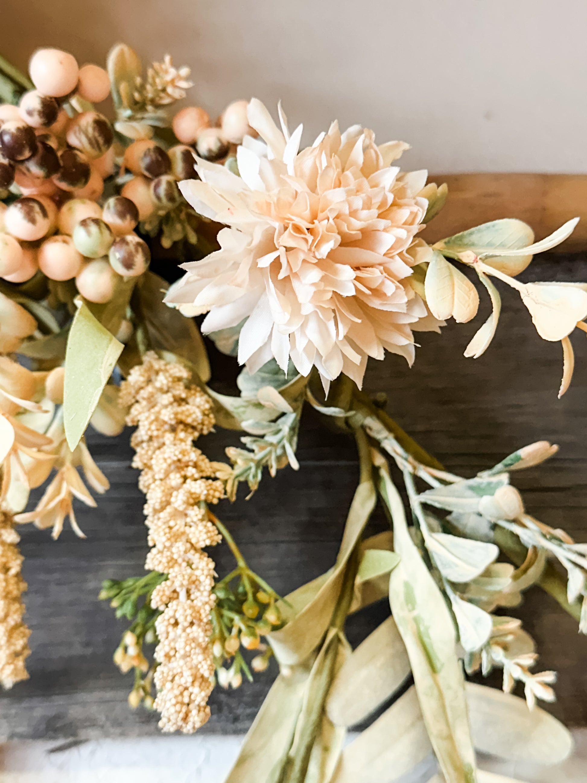 5' Whimsical Cream Pom Pom & Faux Foliage Garland at the Rustic Barn in Killingworth, CT