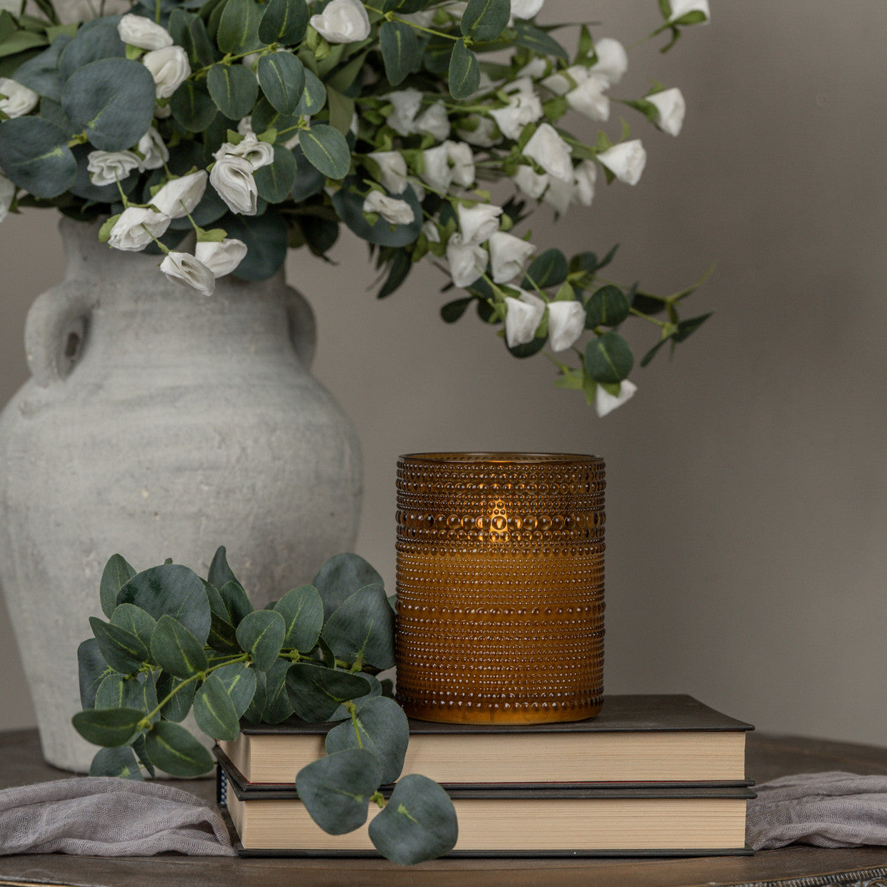 amber dotted glass 3d faux flame candle at the rustic barn in Killingworth ct