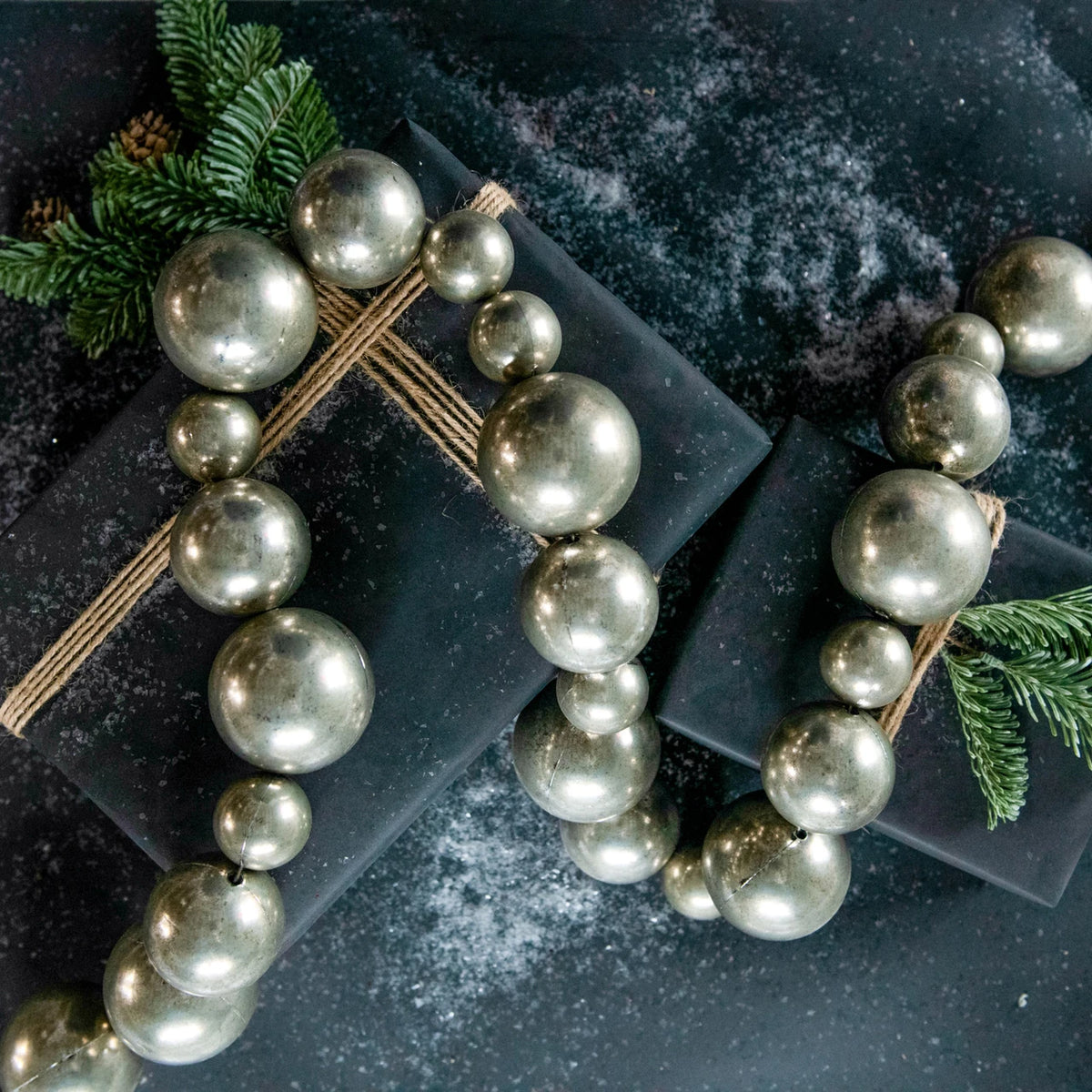6 foot vintage silver ball garland at the rustic barn in killingworth ct