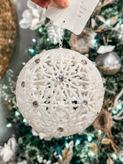6 inch glittered rhinestone filigree ball ornament with snowflake design at The Rustic Barn in Killingworth CT