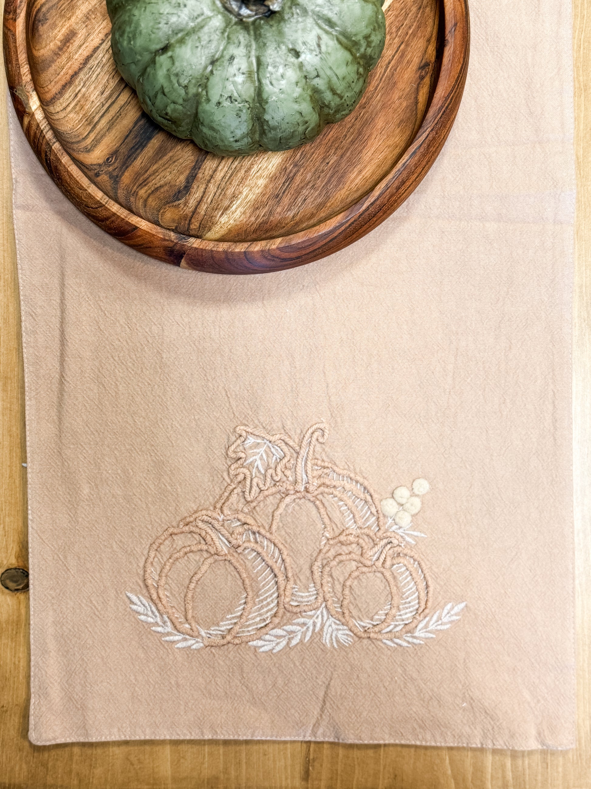 60 inch fall table runner with embroidered pumpkin detail at the Rustic Barn in Killingworth CT