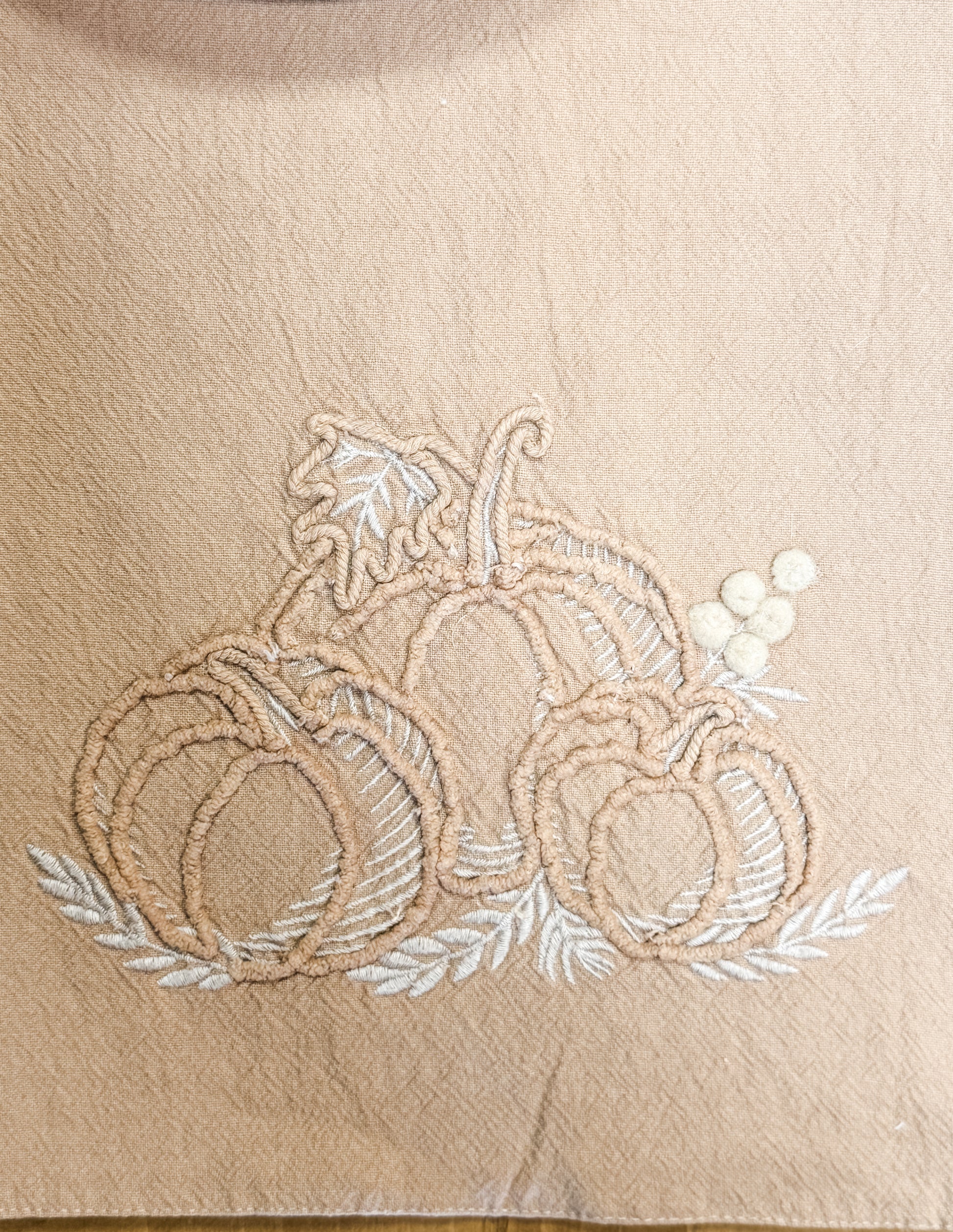 60 inch fall table runner with embroidered pumpkin detail at the Rustic Barn in Killingworth CT