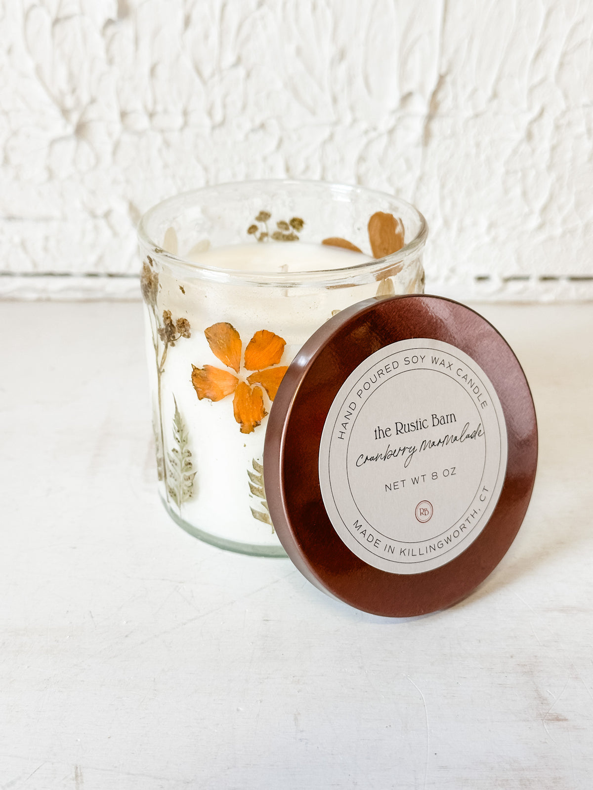 8 ounce hand-poured soy candle cranberry marmalade scented at the rustic barn in killingworth ct