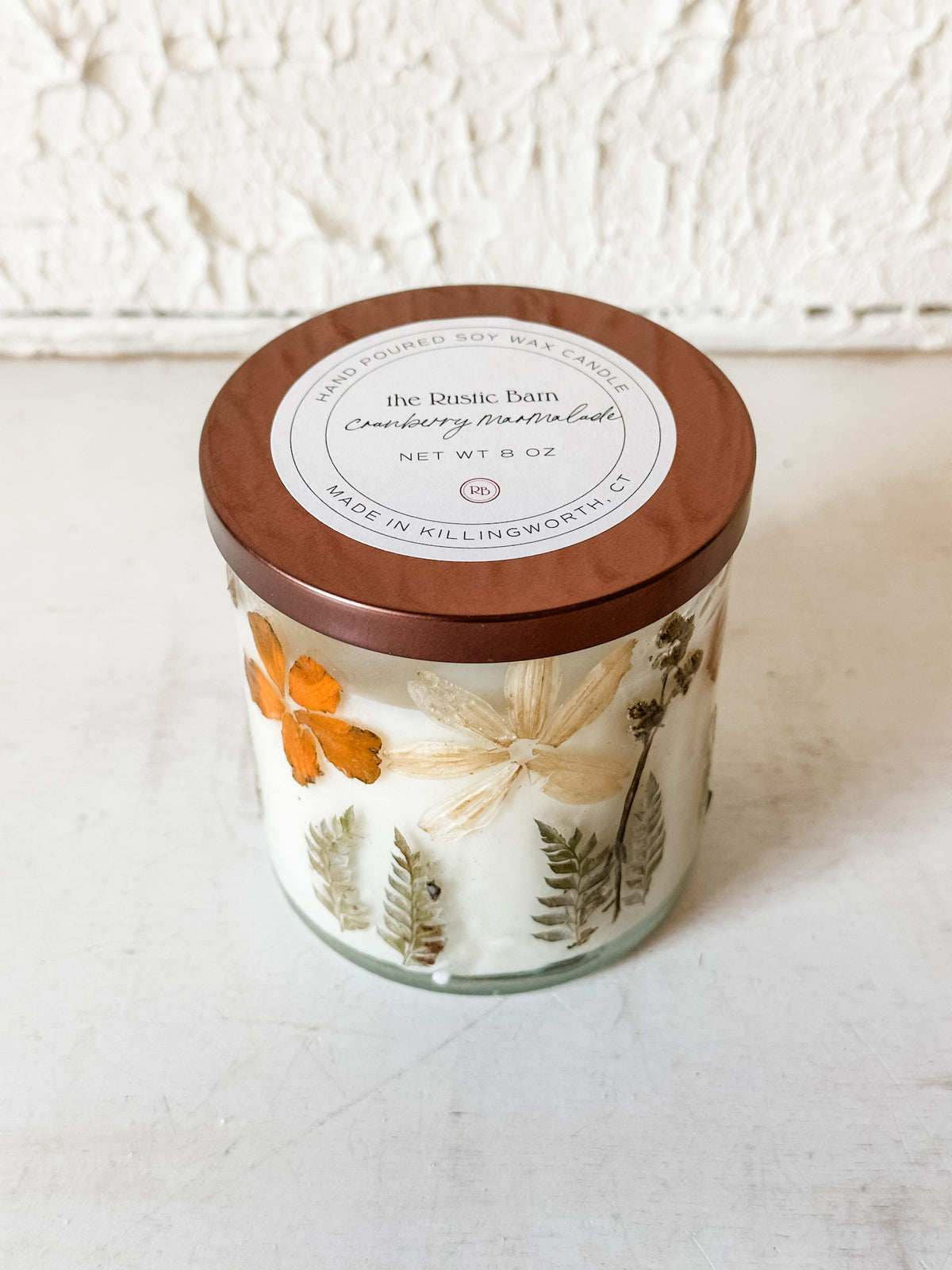 8 ounce hand-poured soy candle cranberry marmalade scented at the rustic barn in killingworth ct