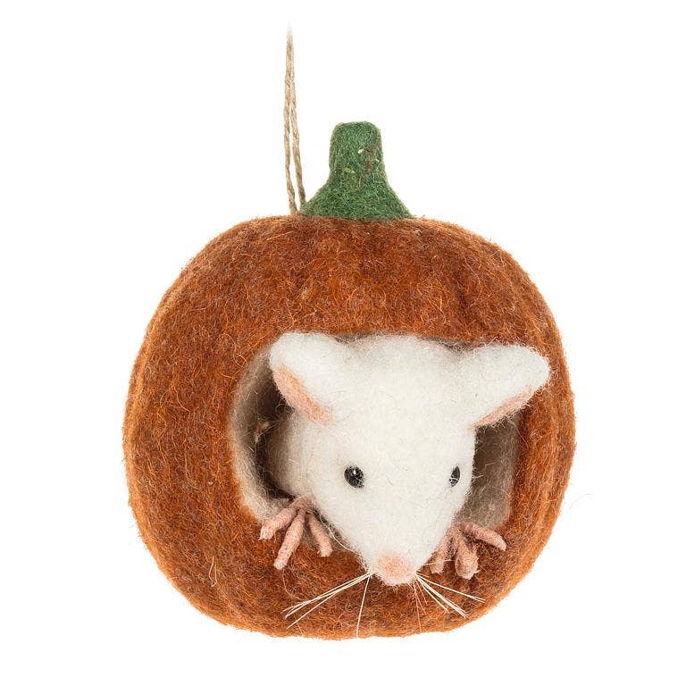 a felt pumpkin ornament with a mouse in it at the rustic barn in killingworth ct
