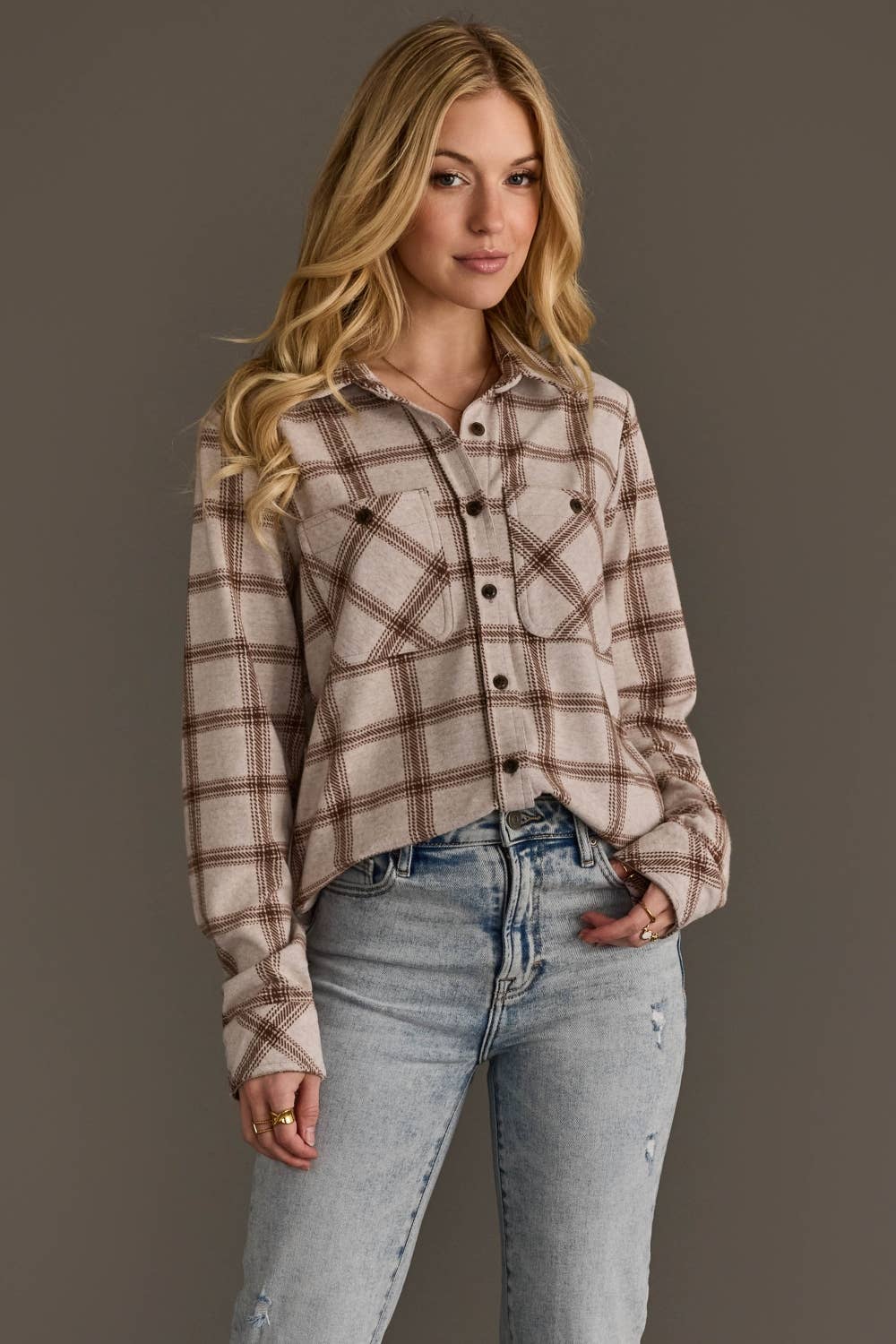 Avery neutral plaid button up shirt at the rustic barn in killingworth ct