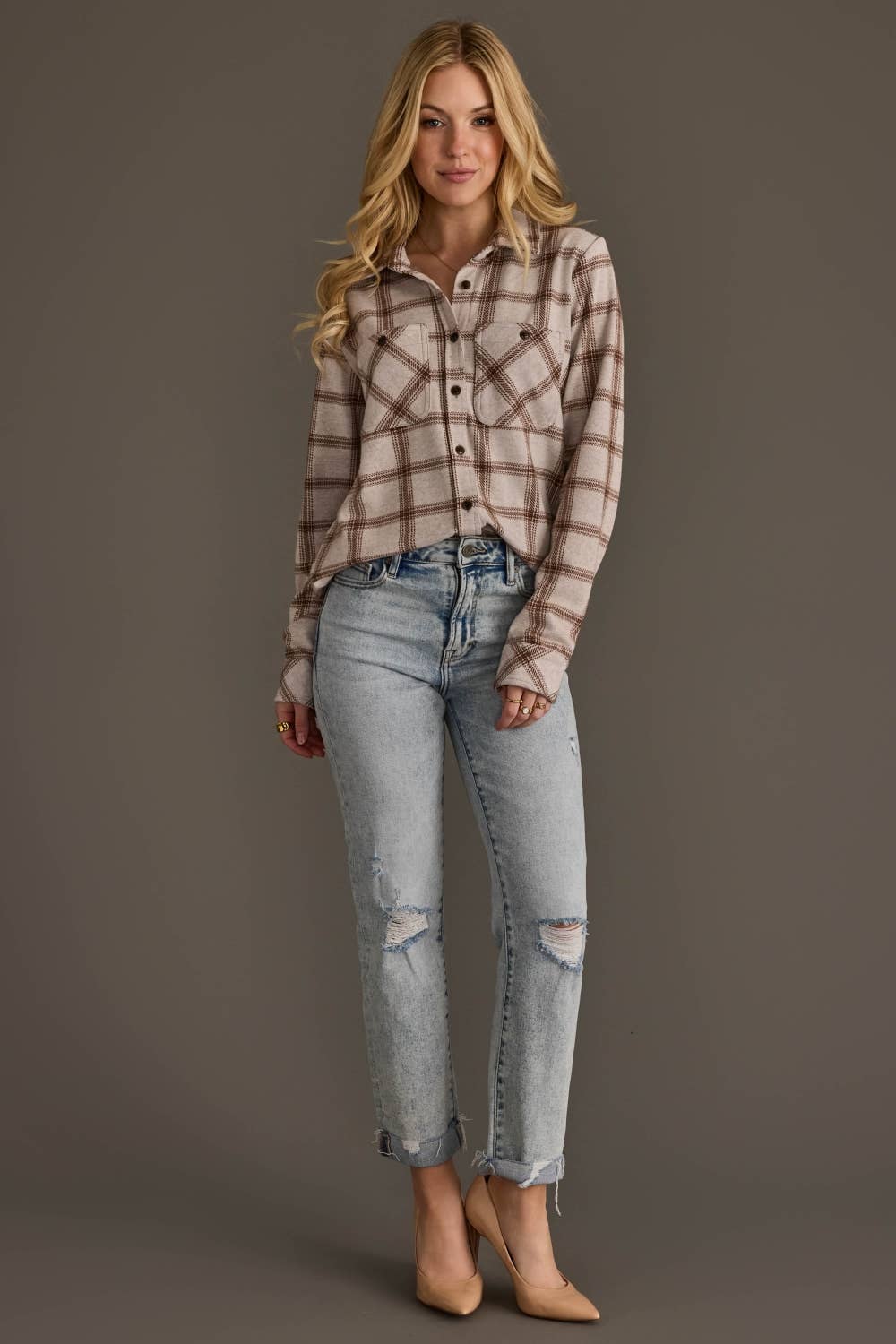 Avery neutral plaid button up shirt at the rustic barn in killingworth ct