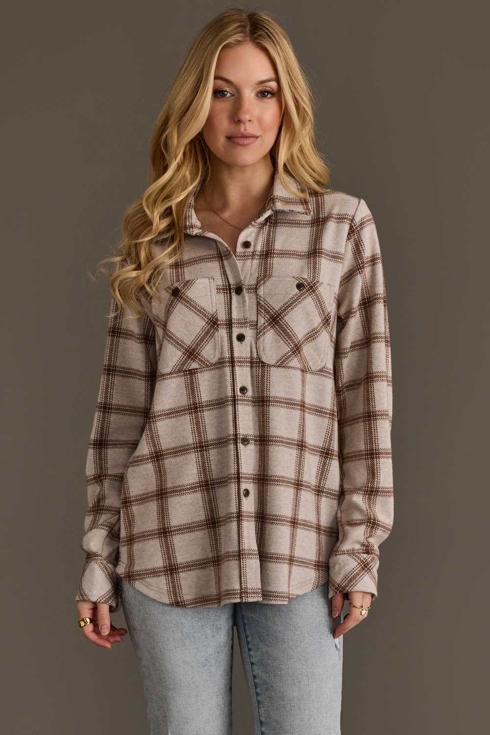 Avery neutral plaid button up shirt at the rustic barn in killingworth ct