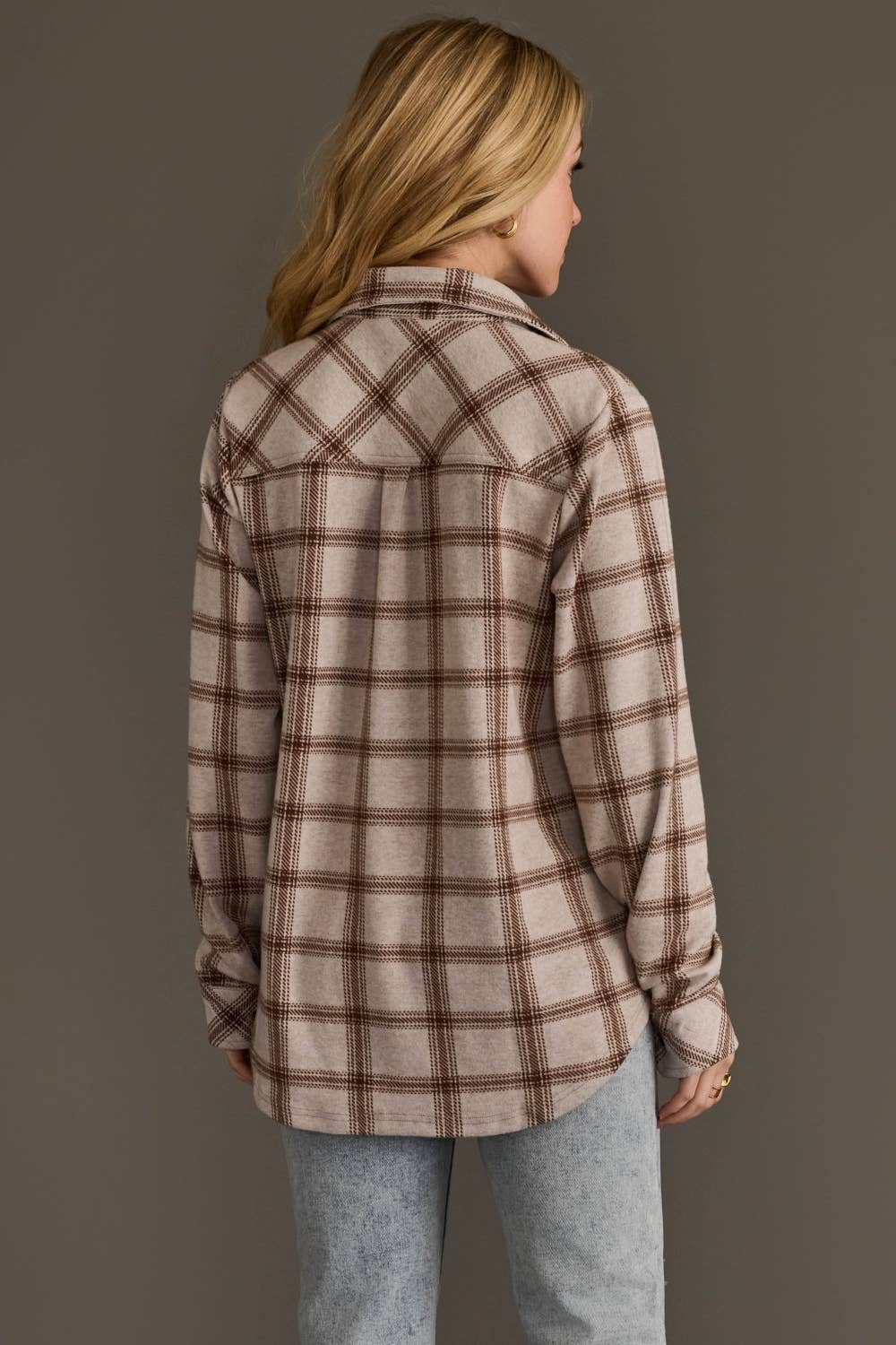 Avery neutral plaid button up shirt at the rustic barn in killingworth ct
