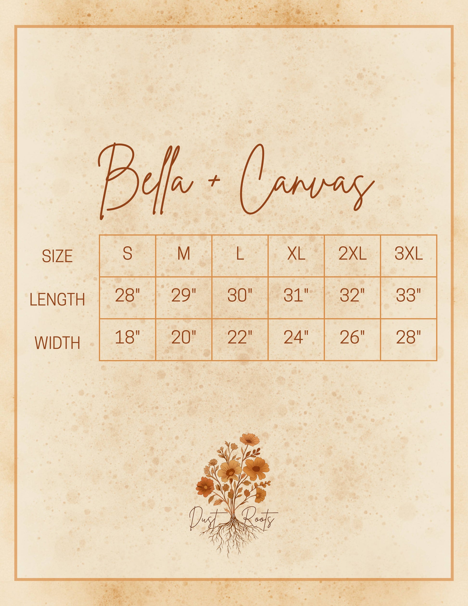 size chart for Bella and canvas at the rustic barn in Killingworth ct