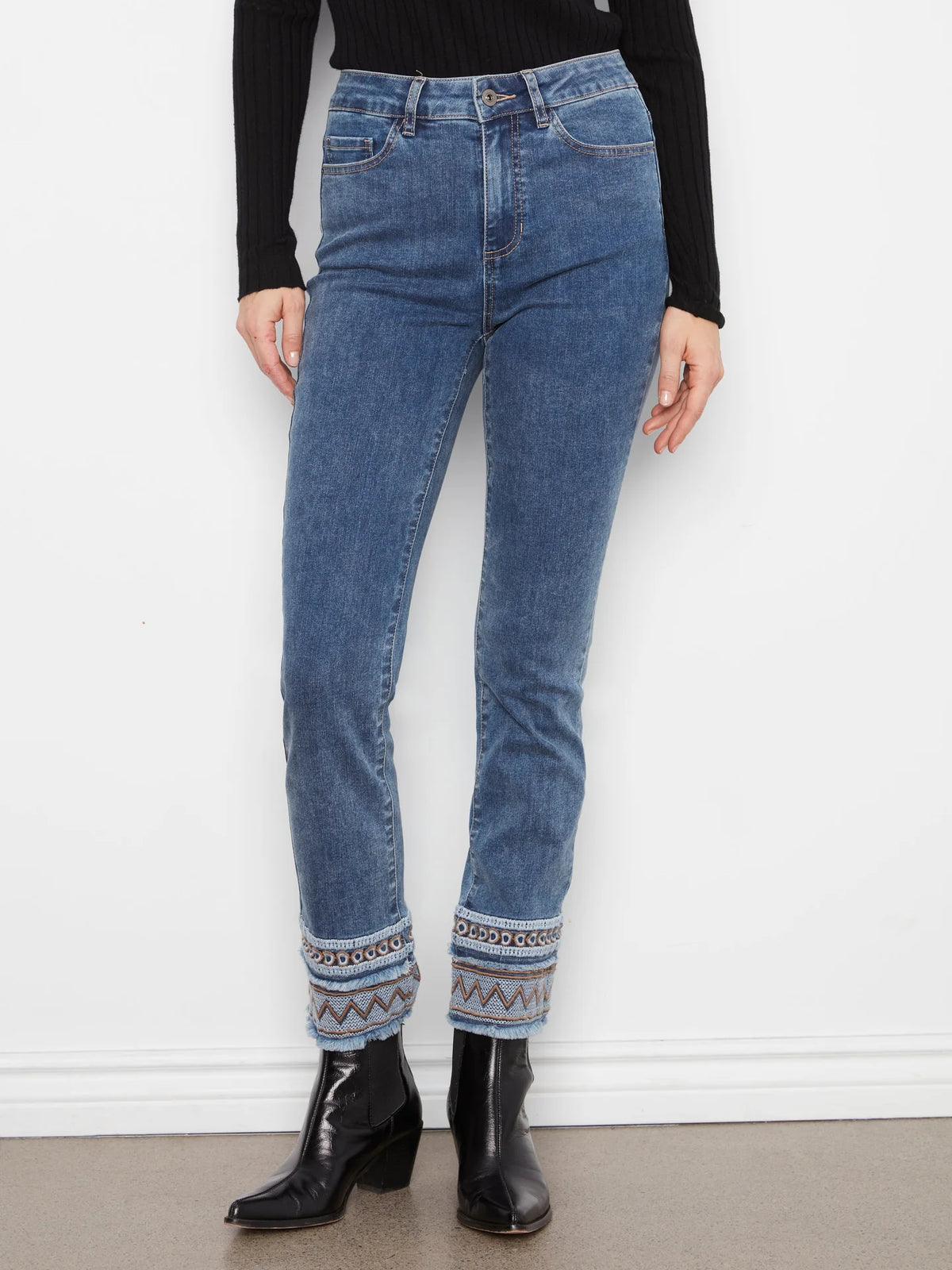 Boho Embroidered Hem Slim Leg Medium Blue Jeans at the rustic barn in Killingworth ct