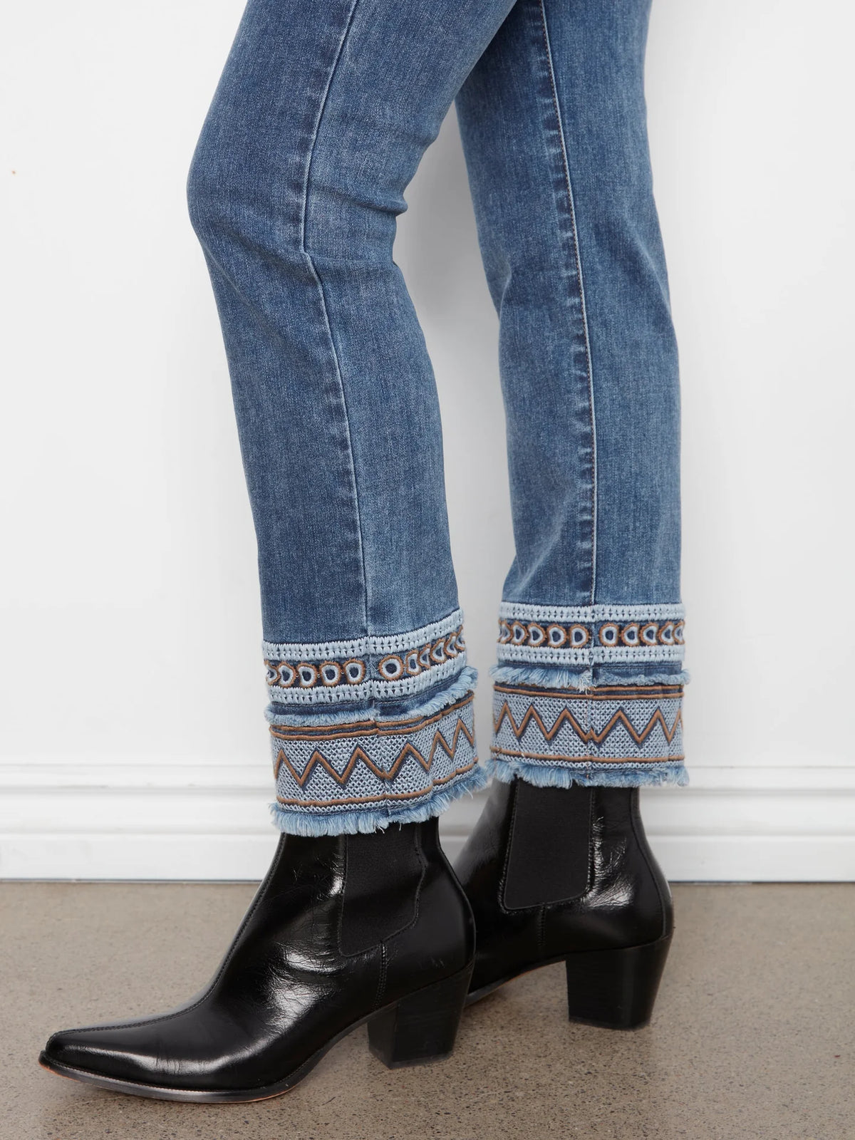 Boho Embroidered Hem Slim Leg Medium Blue Jeans at the rustic barn in Killingworth ct