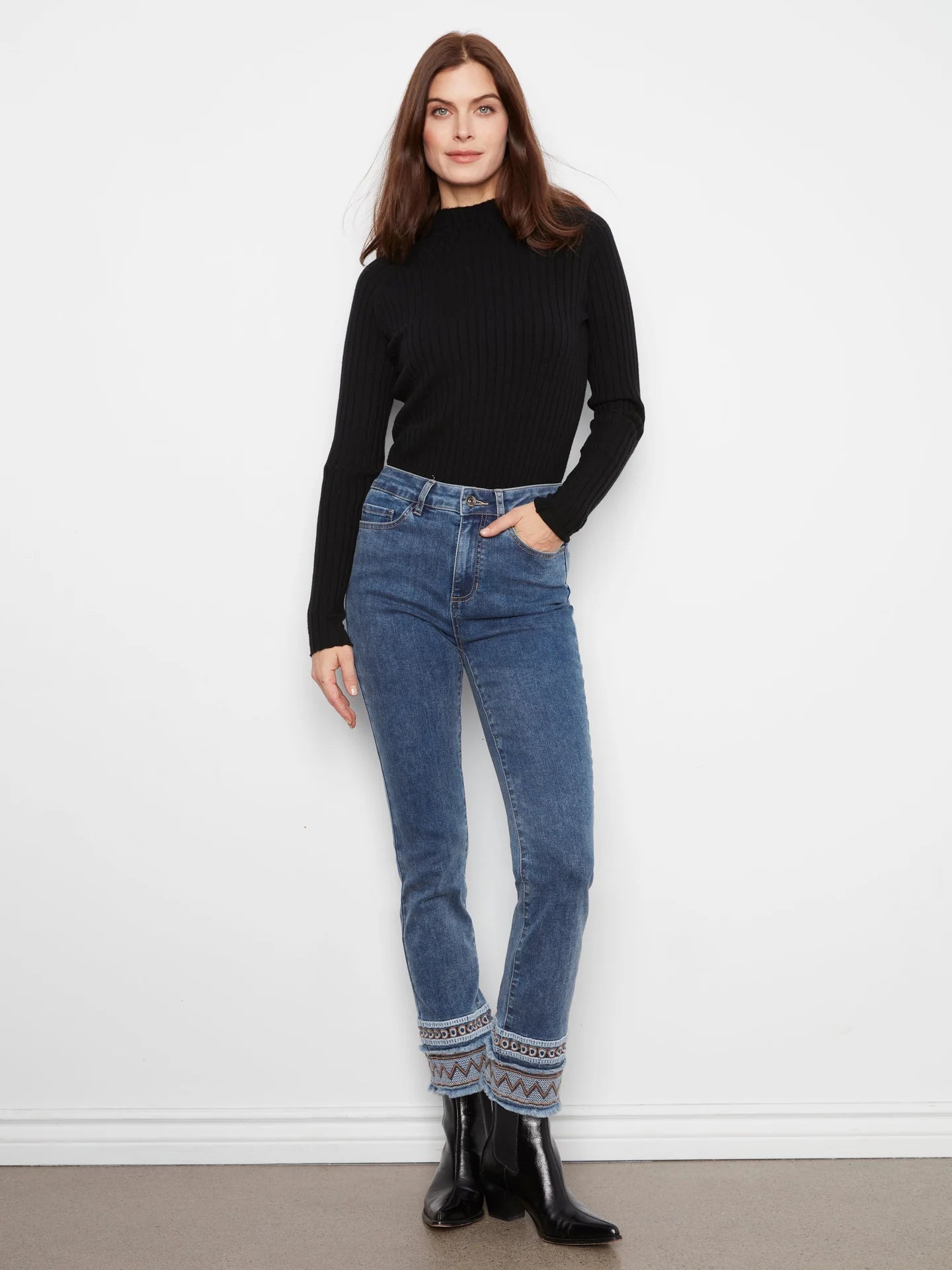 Boho Embroidered Hem Slim Leg Medium Blue Jeans at the rustic barn in Killingworth ct