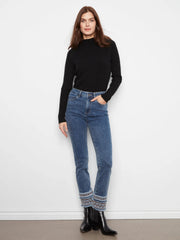 Boho Embroidered Hem Slim Leg Medium Blue Jeans at the rustic barn in Killingworth ct