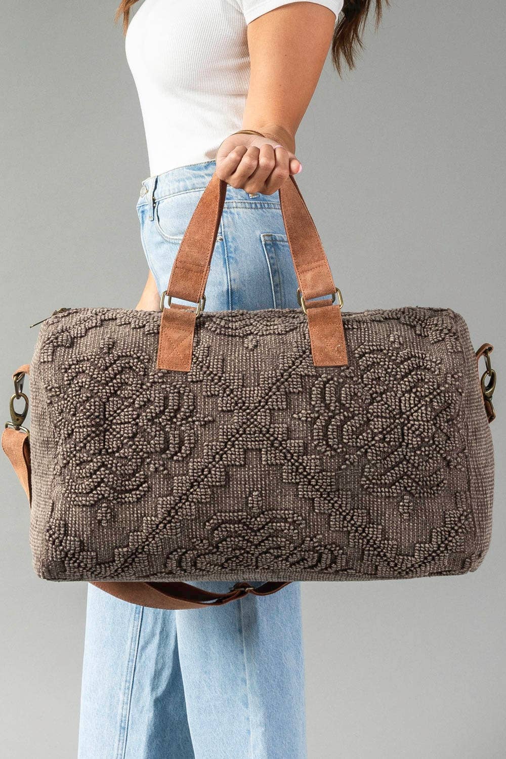 Brown Vintage-Inspired Textured Duffel Bag at the rustic barn in killingworth ct