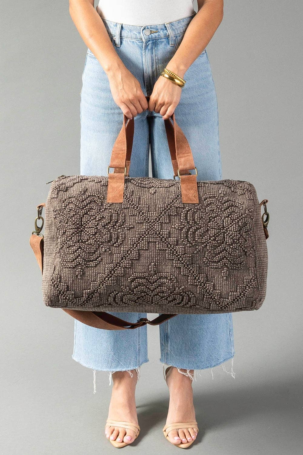 Brown Vintage-Inspired Textured Duffel Bag at the rustic barn in killingworth ct