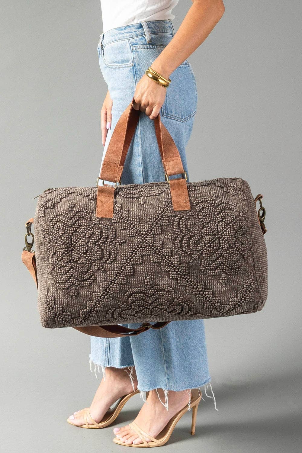 Brown Vintage-Inspired Textured Duffel Bag at the rustic barn in killingworth ct