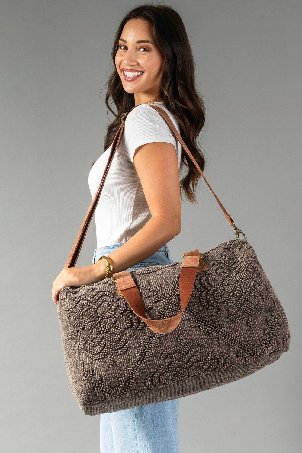 Brown Vintage-Inspired Textured Duffel Bag at the rustic barn in killingworth ct