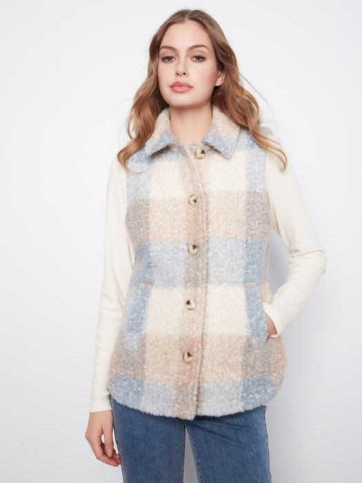 Celestial Plaid Boucle Knit Tailored Vest at the rustic barn in Killingworth ct