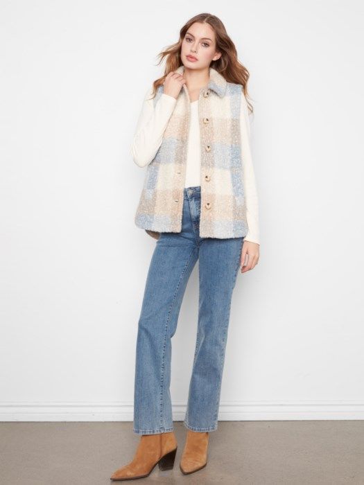 Celestial Plaid Boucle Knit Tailored Vest at the rustic barn in Killingworth ct