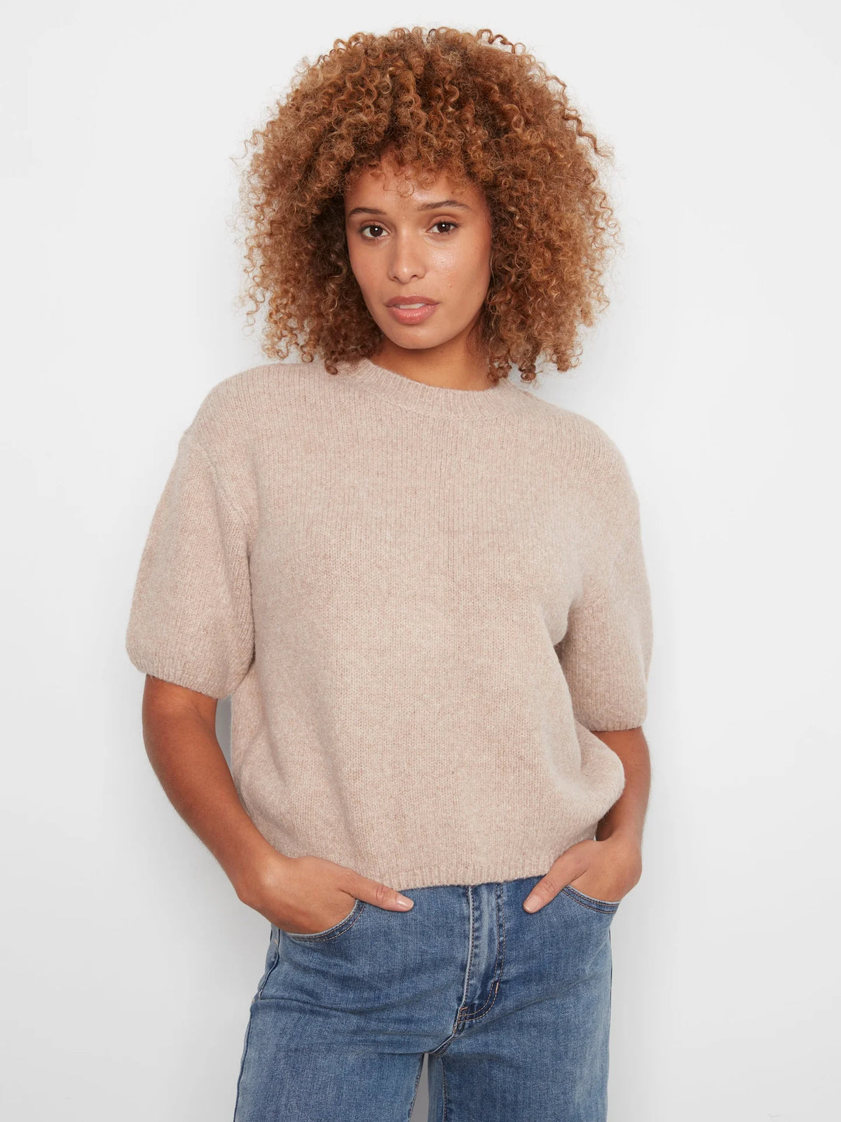 Heather Latte Elbow Sleeve Mock Neck Balloon Sweater at the rustic barn in killingworth ct