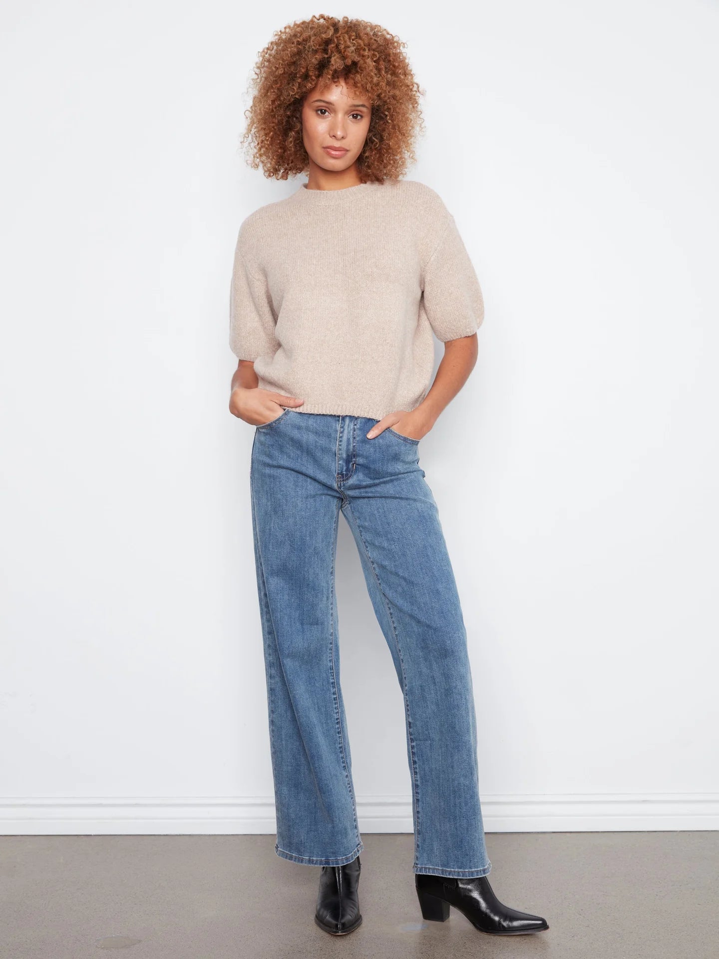 Heather Latte Elbow Sleeve Mock Neck Balloon Sweater at the rustic barn in killingworth ct