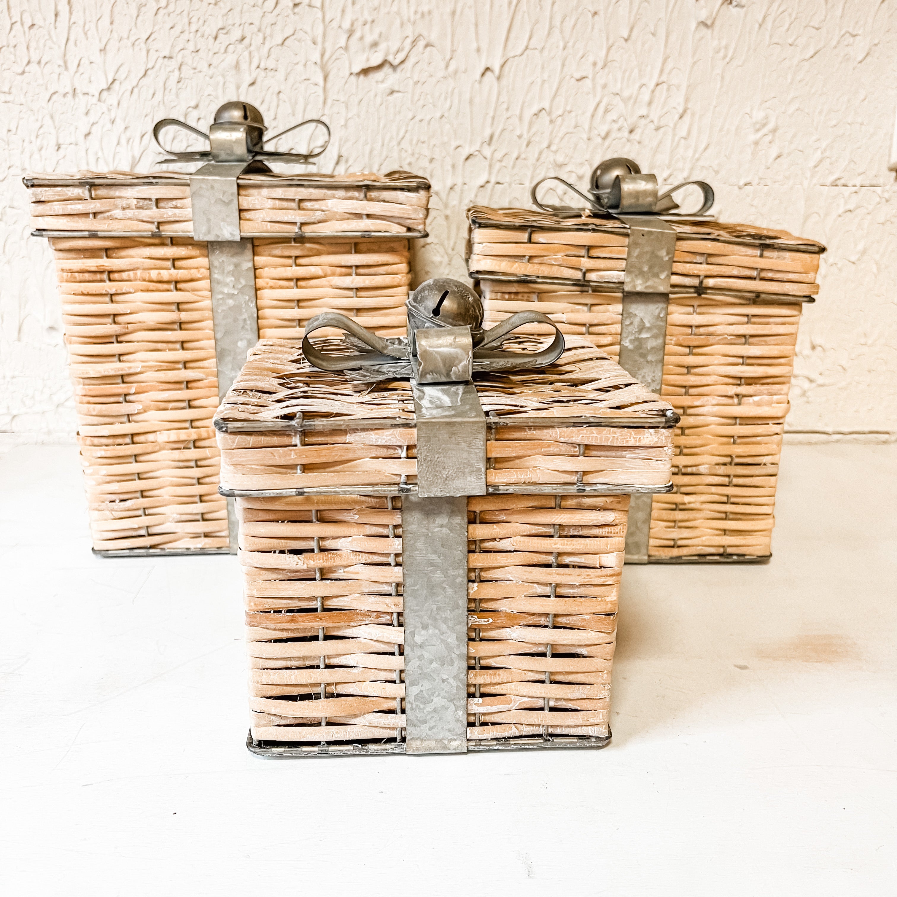 wicker basket gift boxes with metal wrapping and