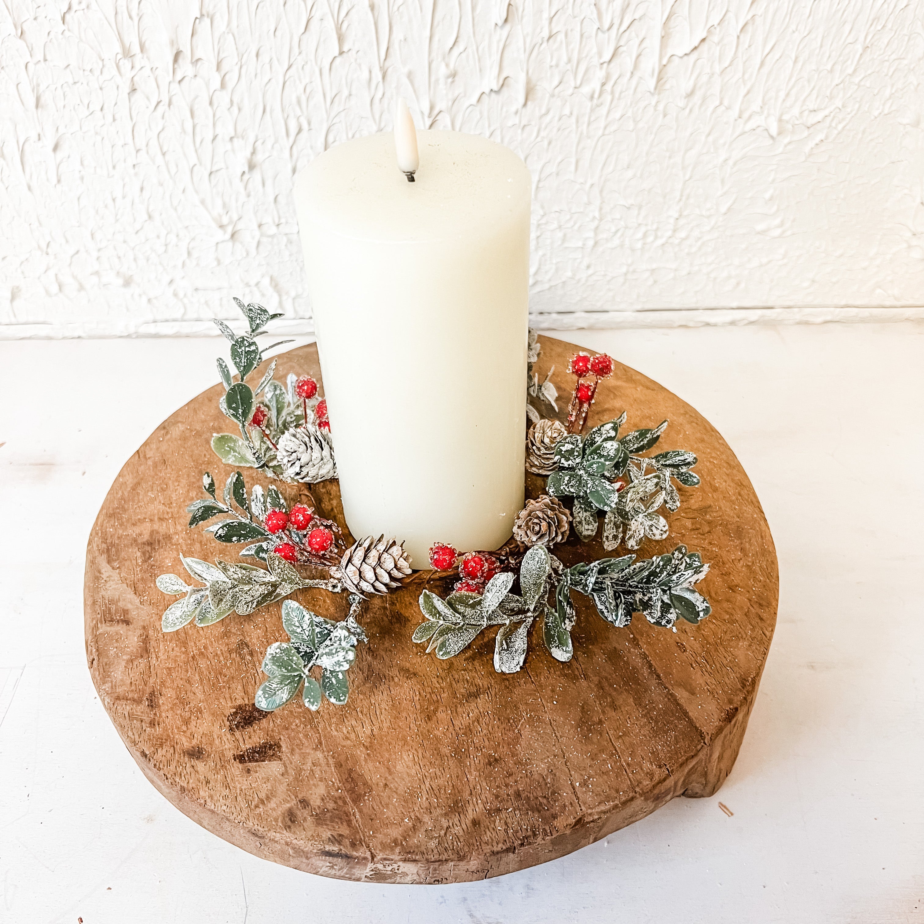plastic boxwood candle ring with pinecones and glitter the rustic barn ct